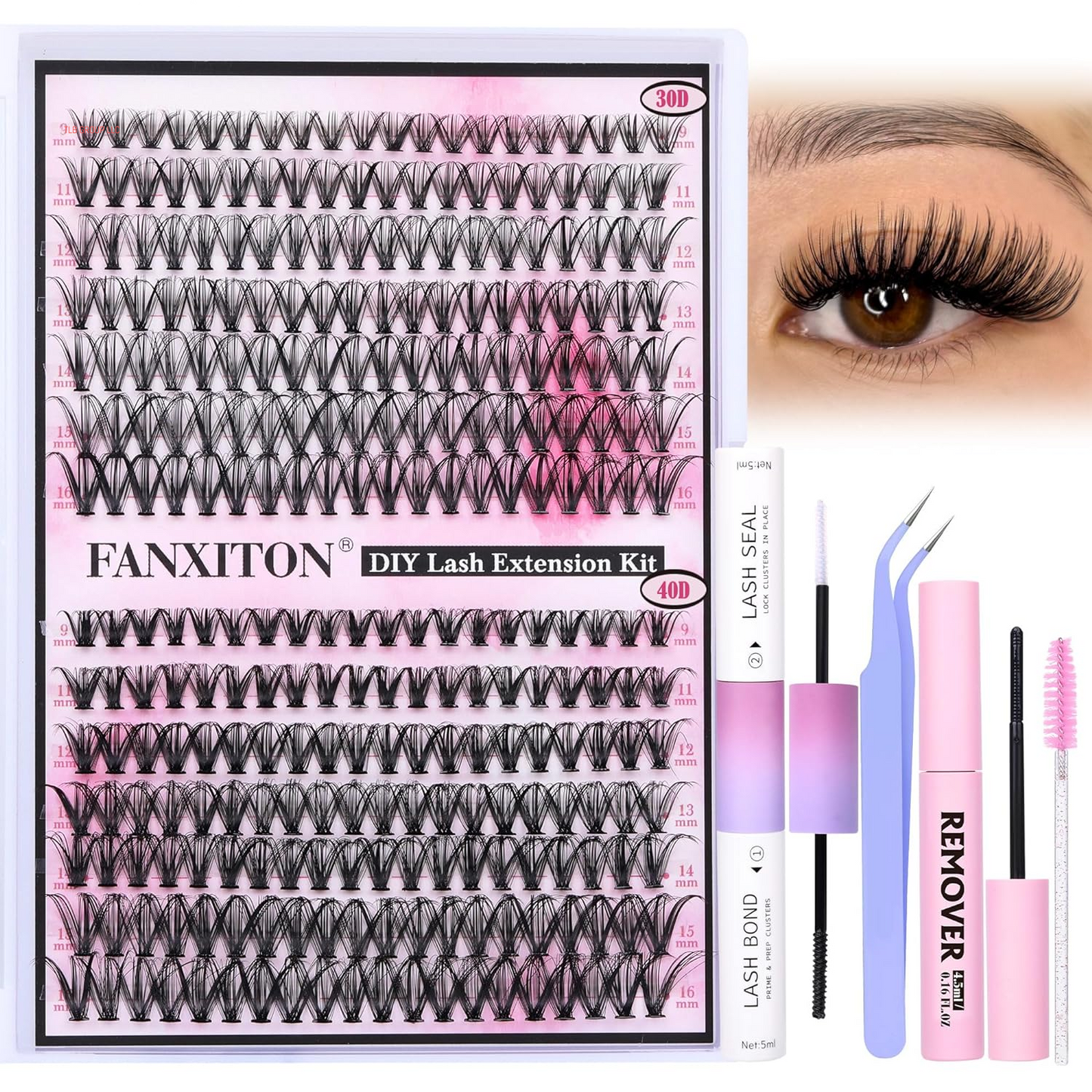 DIY Lash Extension Kit 40D+50D Volume Lash Clusters Kit with Lash Bond and Seal 280 Pcs Thick Individual Lashes 9-16 Mm D Mink Lashes Cluster, Lash Cluster Remover and Tweezers by