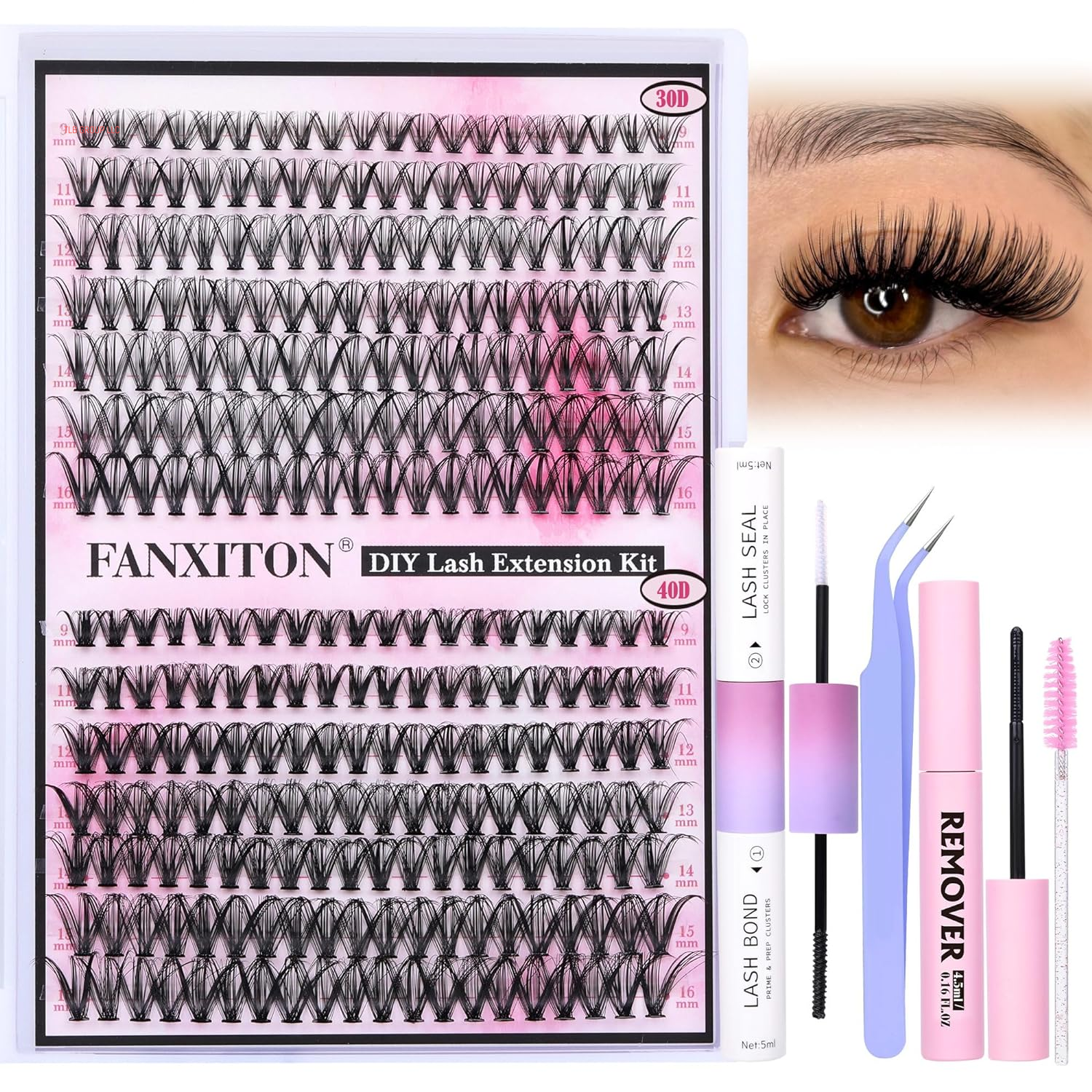 DIY Lash Extension Kit 40D+50D Volume Lash Clusters Kit with Lash Bond and Seal 280 Pcs Thick Individual Lashes 9-16 Mm D Mink Lashes Cluster, Lash Cluster Remover and Tweezers by