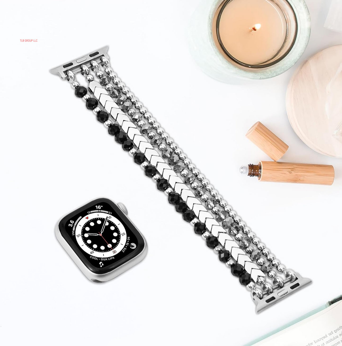 Bracelet Band Beaded Compatible with Apple Watch 38/40/41Mm Women, Fashion Elastic Stretch Strap Bands for Iwatch Series SE/9/8/7/6/5/4/3/2/1 (Black/Sliver/Grey)