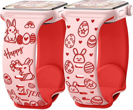 2 Pack Silicone Band for Apple Watch Bands 46Mm 45Mm 44Mm 49 42Mm(S3) Iwatch Bands Series 10 9 8 7 SE 6 5 4 3 Ultra for Women Men, Cute Easter Fancy Dressy Designer Holiday Gift Engraved Strap
