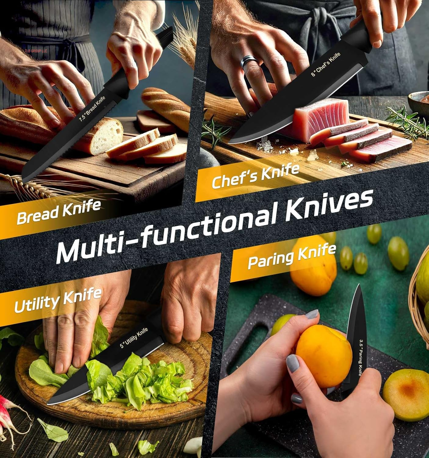 Knife Set, 14 Pieces Kitchen Knife Set, High Carbon German Stainless Steel, Dishwasher Safe Cutlery, Black