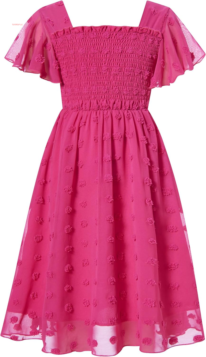 6-12T Girls Chiffon Dress with Solid Pom Poms & Flutter Ruffle Short Sleeve Kids Lace Square Neck Frocks