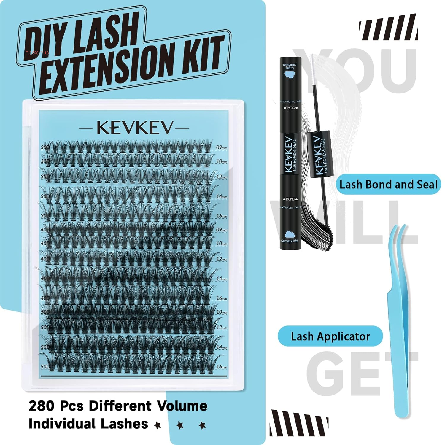 Lash Clusters Kit Lash Extension Kit D Curl Eyelash Extension Kit 280 Pcs Eyelash Clusters Kit Cluster Eyelash Extensions Individual Lashes Kit with Lash Bond and Seal Eyelash Tweezers