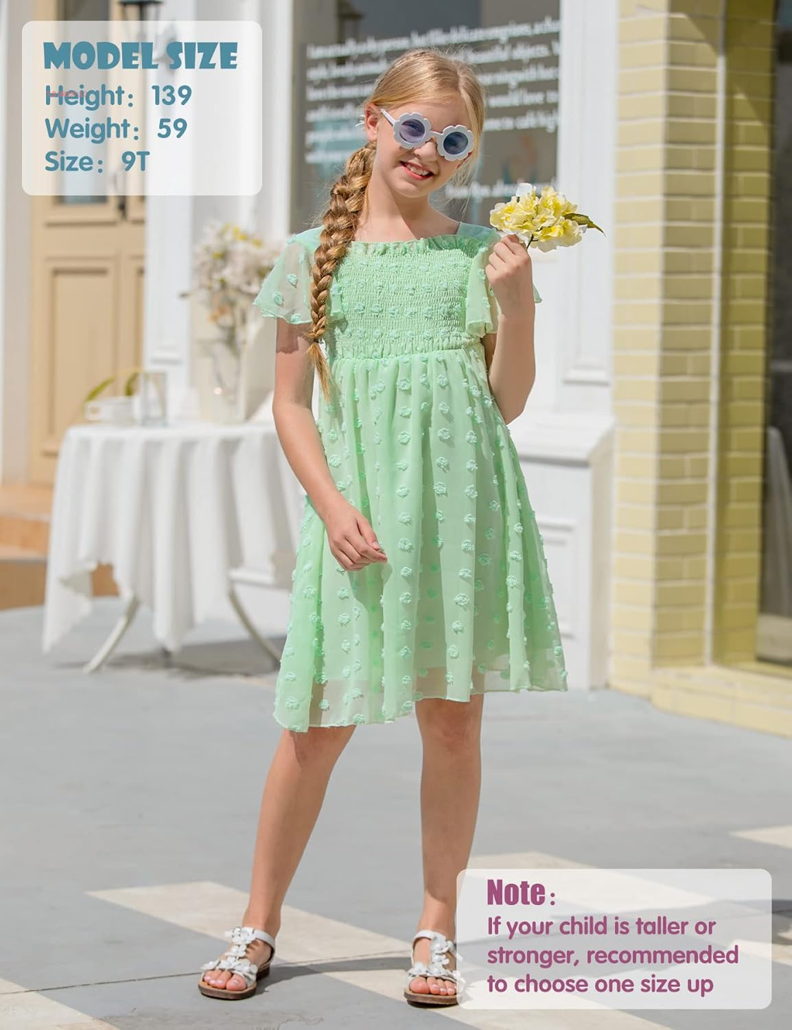 6-12T Girls Chiffon Dress with Solid Pom Poms & Flutter Ruffle Short Sleeve Kids Lace Square Neck Frocks