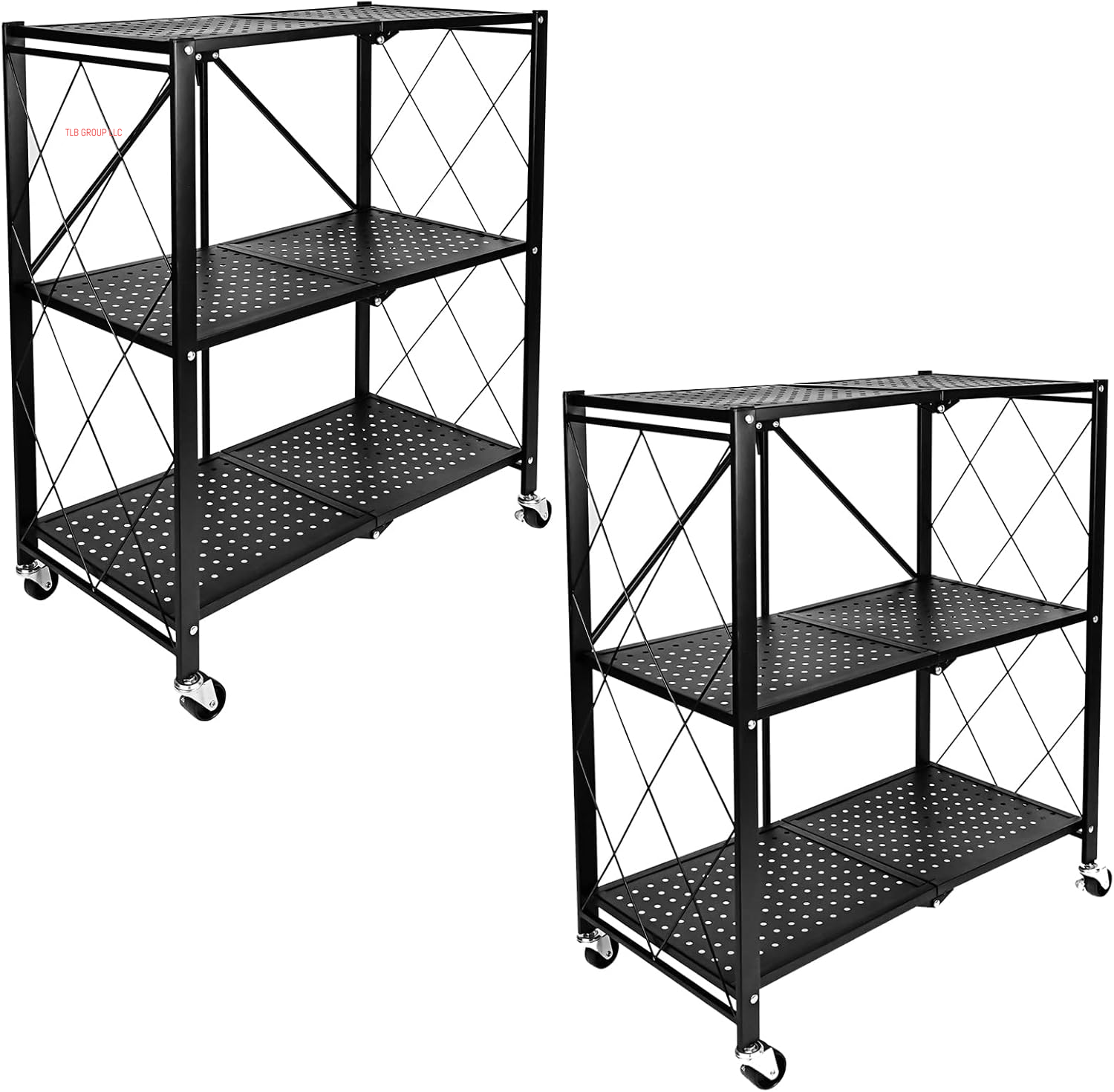 Heavy Duty 3-Tier Foldable Metal Rack, 14.96" D X 27.95" W X 34.25" H Storage Shelving Unit 750 Lbs with Wheels Moving Organizer Shelves for Garage Kitchen, Black