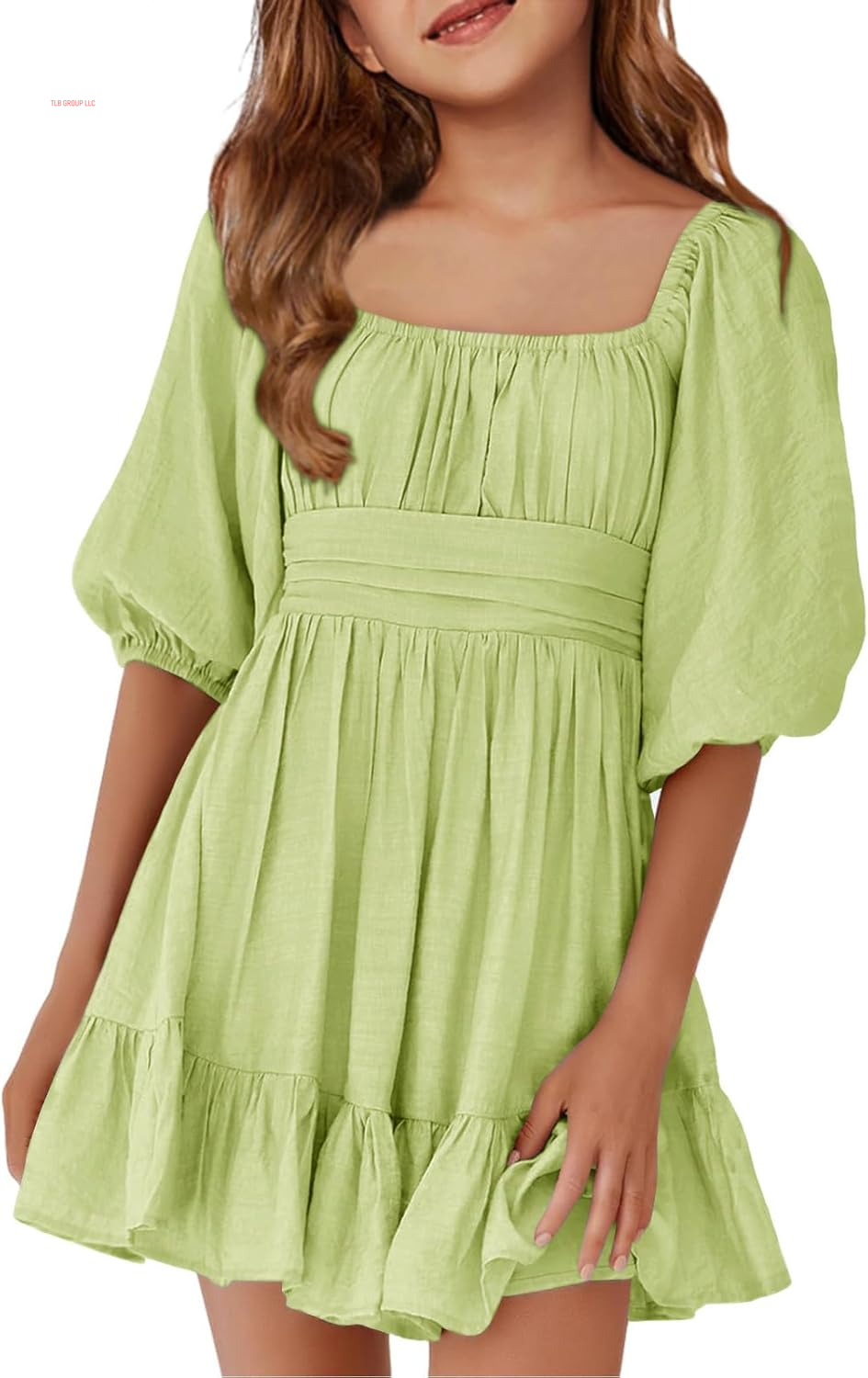 Girls Summer Dresses Square Neck Lantern Sleeve Tie Backless Ruffle A-Line Party Mini Dress