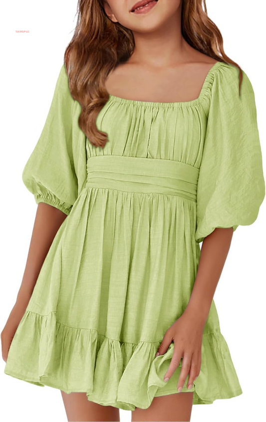 Girls Summer Dresses Square Neck Lantern Sleeve Tie Backless Ruffle A-Line Party Mini Dress