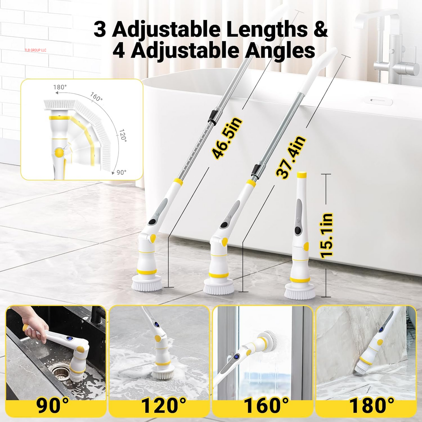 Electric Spin Scrubber, Cordless Cleaning Brush with LED Display, 4 Adjustable Angles, 3 Speeds, 2H Runtime, Adjustable Handle, 5 Brush Heads for Bathroom Tub Kitchen Tile Floor