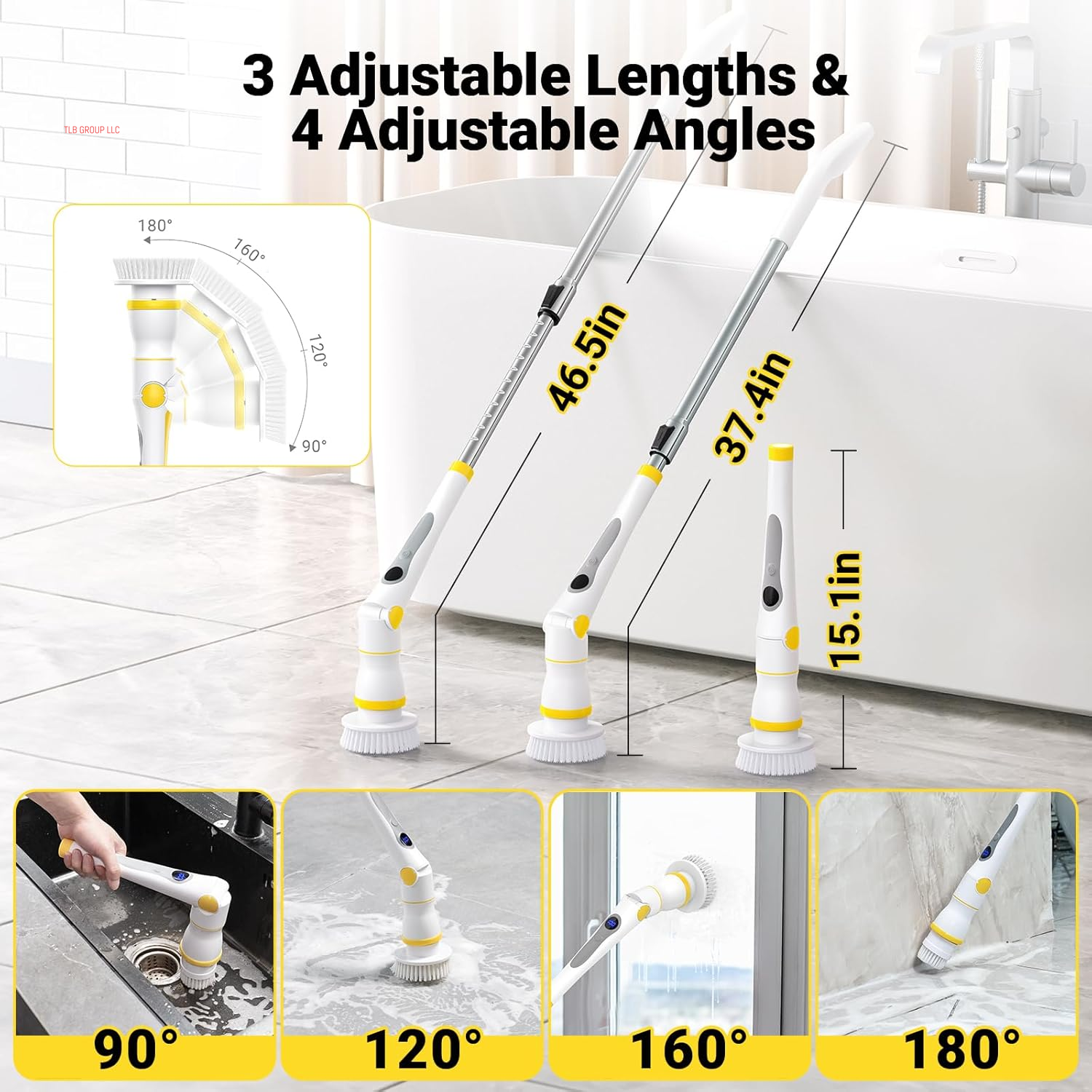 Electric Spin Scrubber, Cordless Cleaning Brush with LED Display, 4 Adjustable Angles, 3 Speeds, 2H Runtime, Adjustable Handle, 5 Brush Heads for Bathroom Tub Kitchen Tile Floor