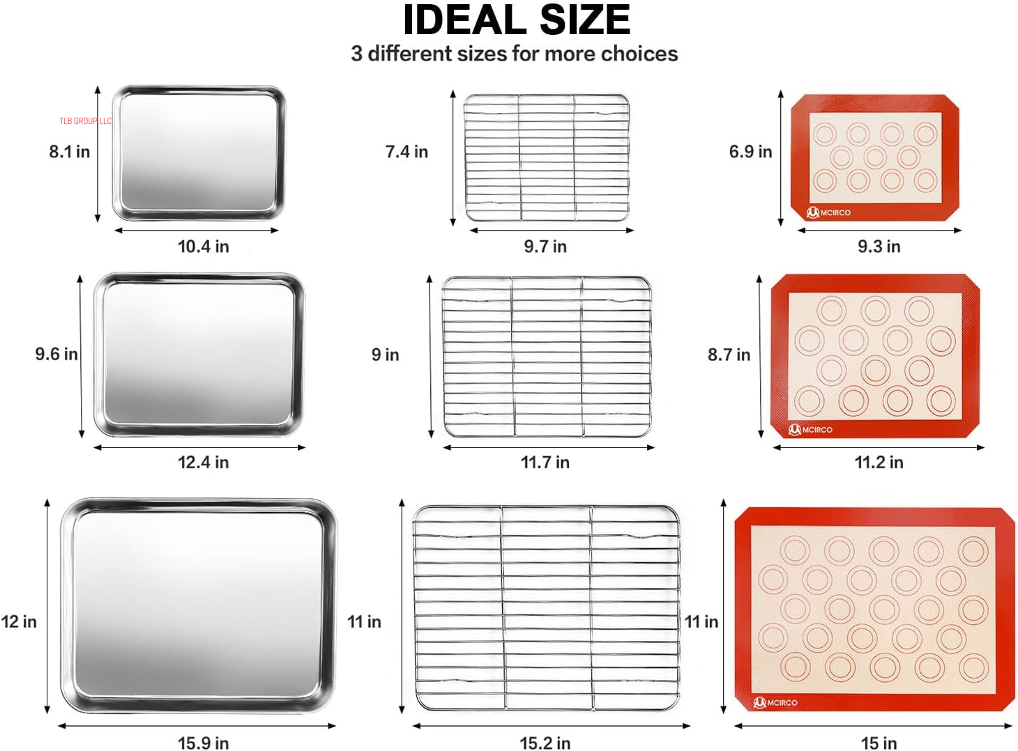 Stainless Steel Baking Sheet Tray Cooling Rack with Silicone Baking Mat Set, Cookie Pan with Cooling Rack, Set of 9 (3 Sheets + 3 Racks + 3 Mats), 10/12/16 Inch, Easy Clean