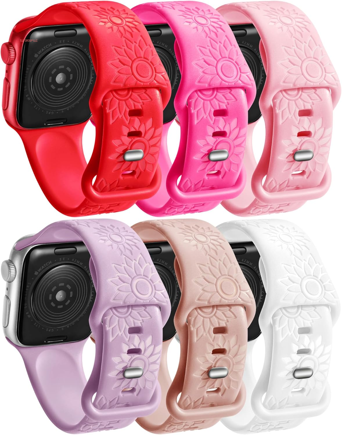 6 Pack Flower Engraved Bands Compatible Apple Watch Band with 38Mm 40Mm 41Mm 42Mm 44Mm 46Mm 45Mm 49Mm Women Men.Silicone Floral Reflective Sport Strap for Iwatch Series 10 9 8 7 6 5 4 3 SE Ultra 2 1