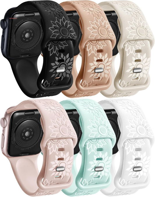 6 Pack Flower Engraved Bands Compatible Apple Watch Band with 38Mm 40Mm 41Mm 42Mm 44Mm 46Mm 45Mm 49Mm Women Men.Silicone Floral Reflective Sport Strap for Iwatch Series 10 9 8 7 6 5 4 3 SE Ultra 2 1