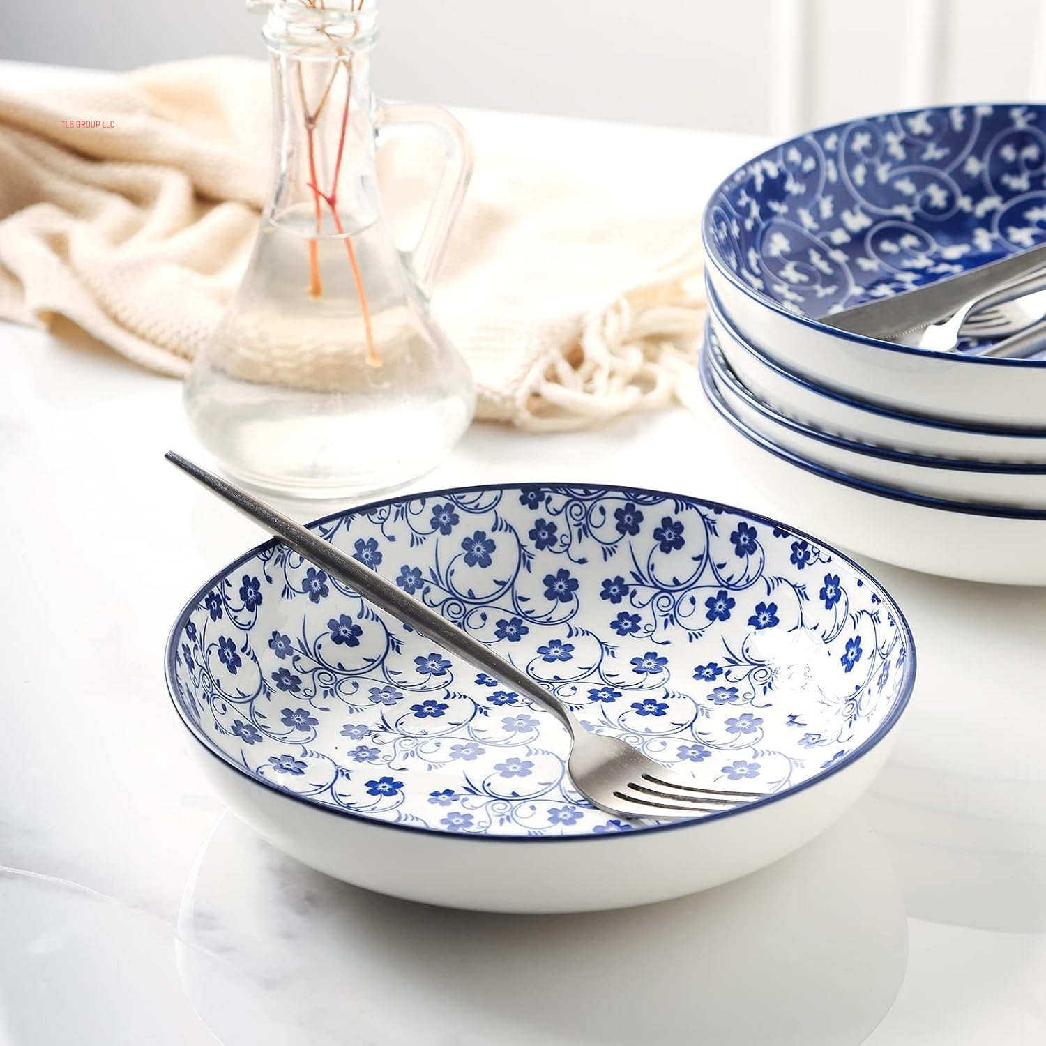 Porcelain Salad Pasta Bowls, Serving Bowls, Microwave & Dishwasher Safe, Sturdy & Stackable - 26 Ounce, Set of 6, Vintage Blue