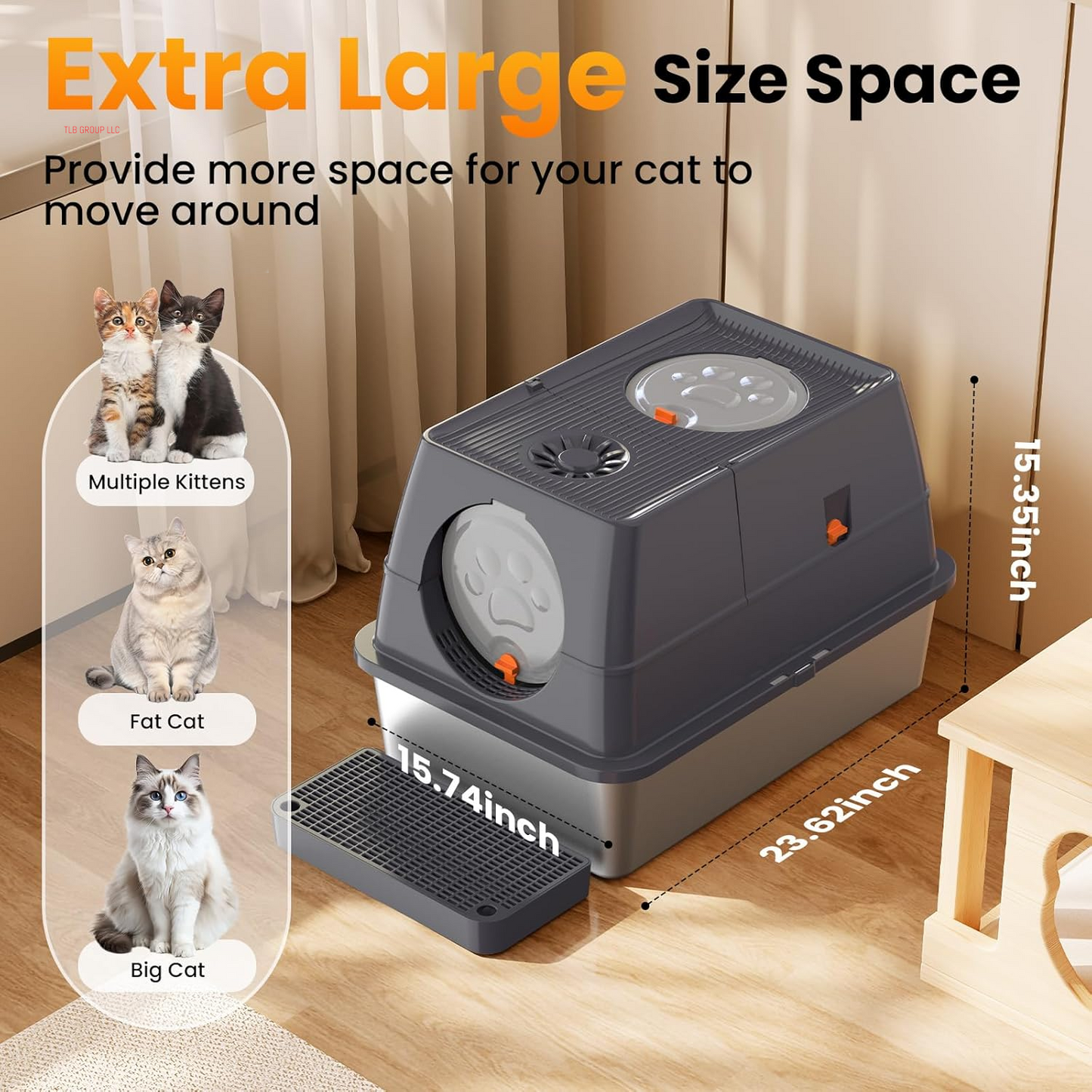 Stainless Steel Litter Box with Lid, 135° Flip-Top Extra Large Cat Litter Pan, Enclosed Metal Litter Box with Litter Scoop & Filter Pedal, Anti-Leakage, Odor Free, Front & Top Dual Entry