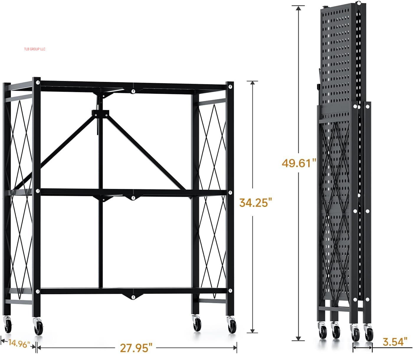 Heavy Duty 3-Tier Foldable Metal Rack, 14.96" D X 27.95" W X 34.25" H Storage Shelving Unit 750 Lbs with Wheels Moving Organizer Shelves for Garage Kitchen, Black