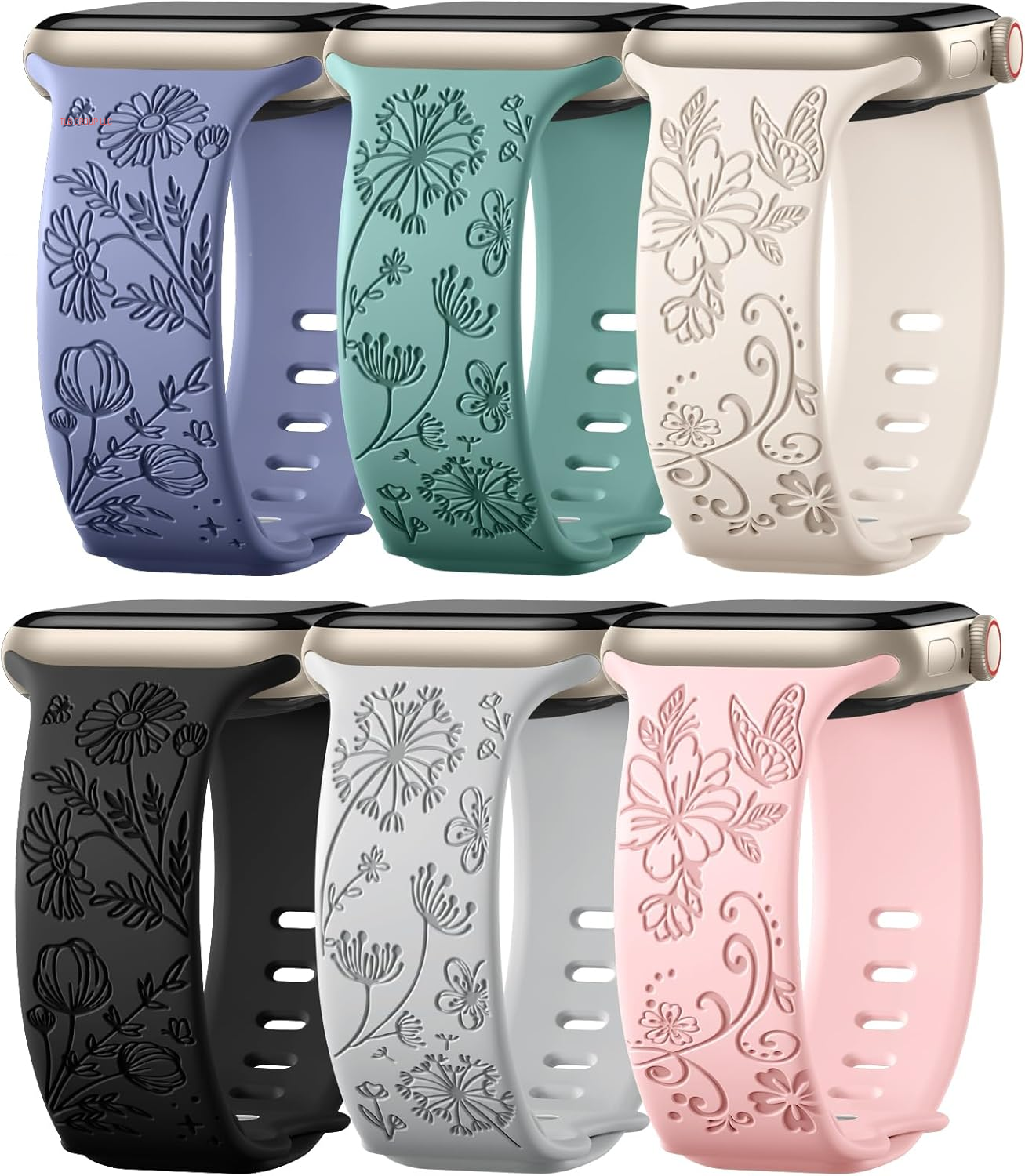 6 Pack Flower Engraved Band Compatible with Apple Watch Bands for Women 40Mm 41Mm 42Mm 38Mm 44Mm 45Mm 46Mm 49Mm,Cute Soft Waterproof Sport Strap for Iwatch Bands Women Series 10 9-1 SE Ultra1/2