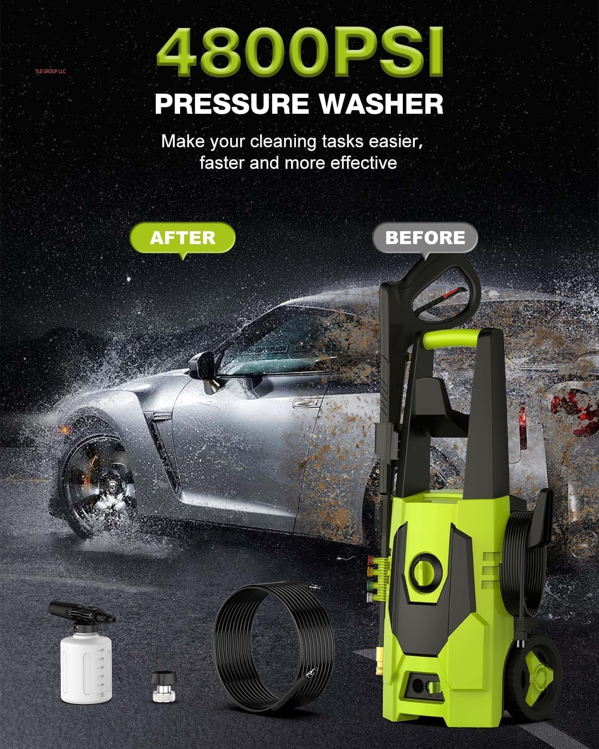 Electric Pressure Washer - 4800PSI Max 3.2GPM Power Washer with 35FT Power Cord, 20FT Hose, Soap Tank, High Pressure Washer Electric Powerd Car Cleaning for Garden, Patios, Yard, Green