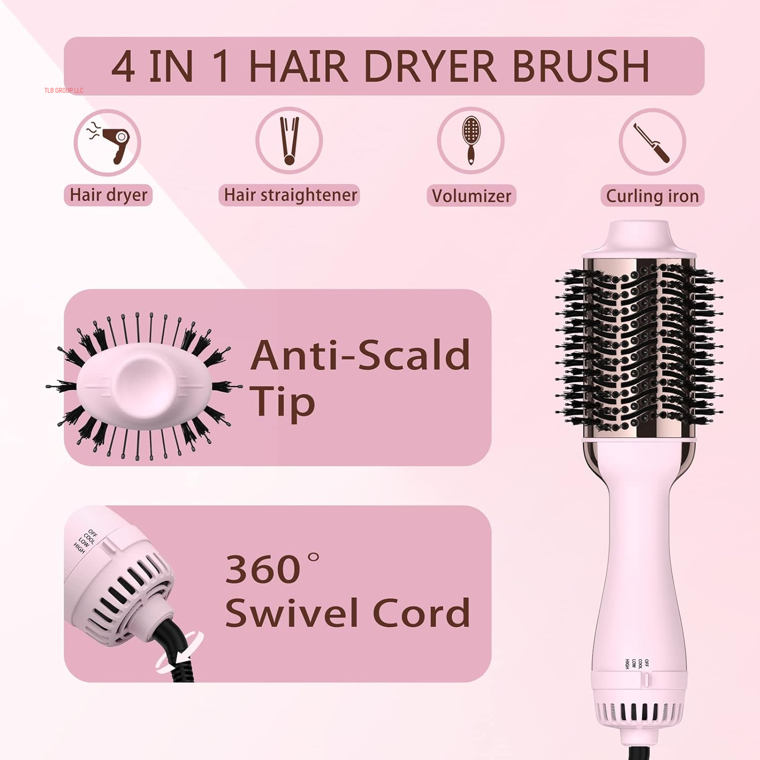 Hair Dryer Brush, 4 in 1 Styling Tools Blow Dryer with Ceramic Oval Barrel, Hot Air Brush Hair Straightener Brush for All Hair Types, Pink, Ionic Technology, 1200W, 3 Heat Settings