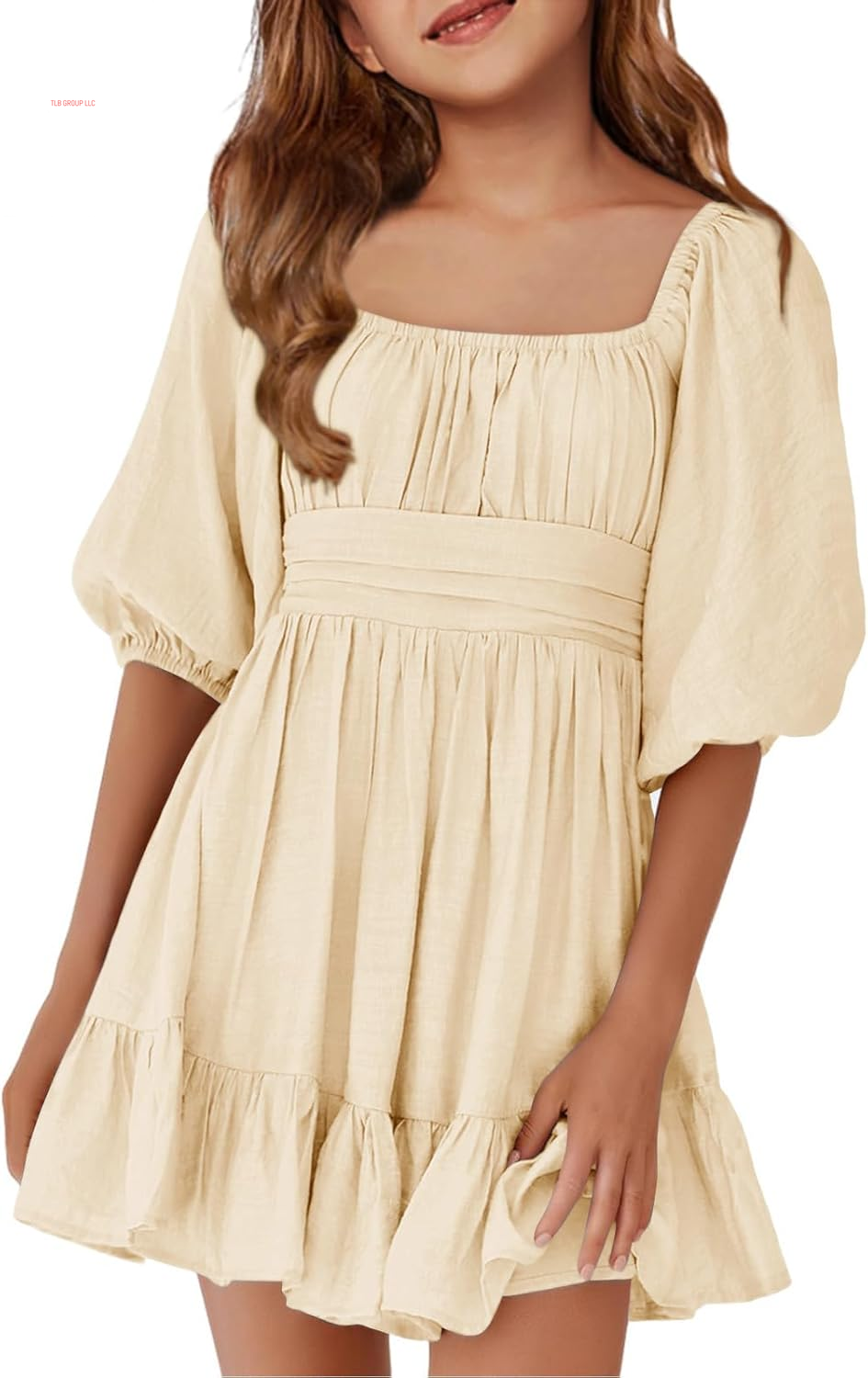 Girls Summer Dresses Square Neck Lantern Sleeve Tie Backless Ruffle A-Line Party Mini Dress