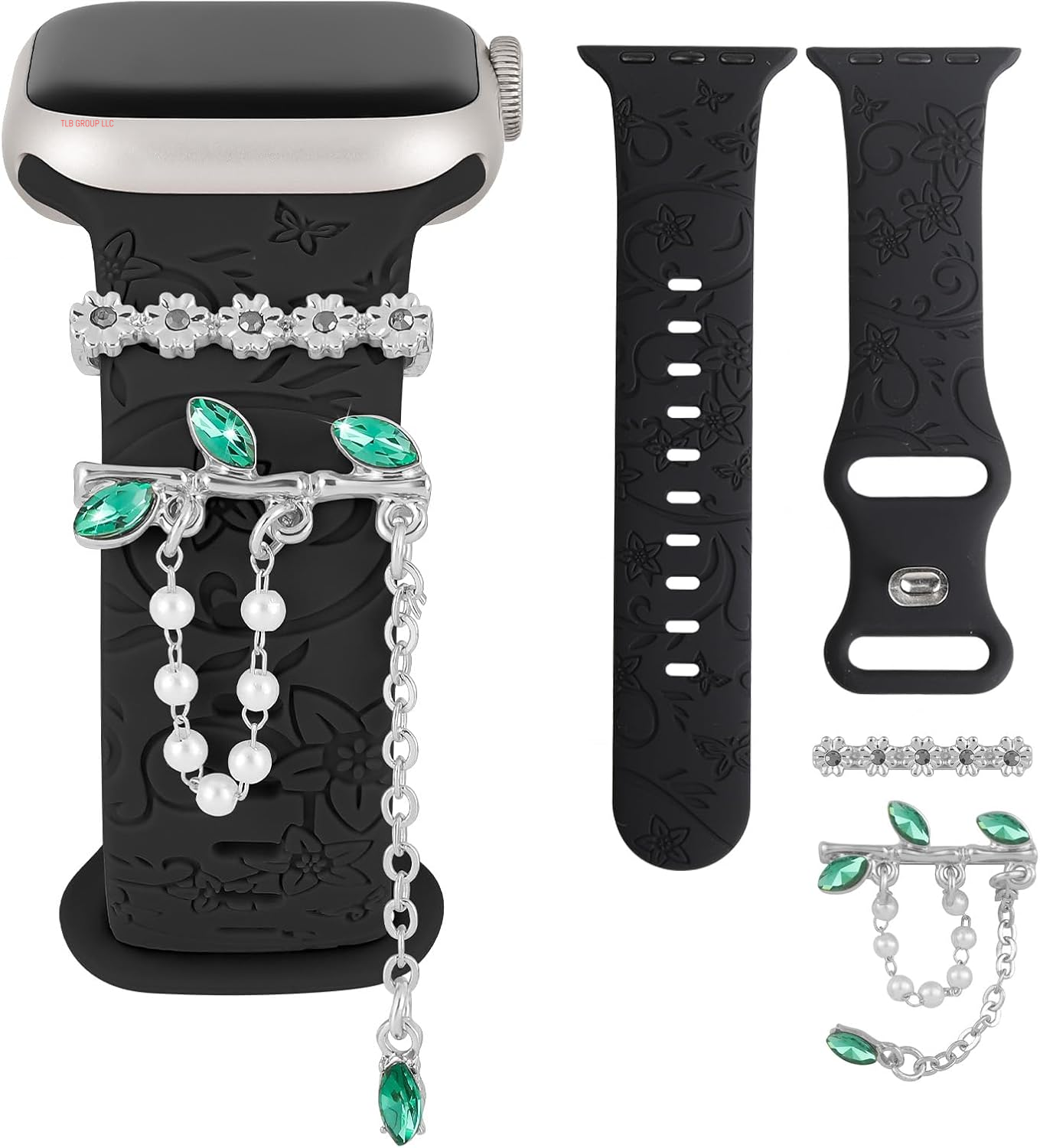 Charm+Band for Apple Watch Bands 40Mm 41Mm 38Mm 44Mm 45Mm 46Mm 42Mm Women Men,Floral Engraved Silicone Sport Band+Decorative Ring Loops for Iwatch Series 10 9 8 7 6 5 4 3 SE Ultra/2 49Mm,Jewelry Strap
