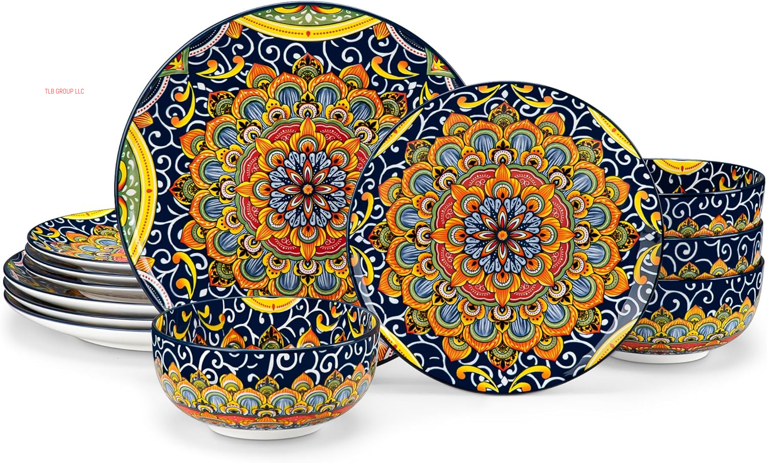 12 Pieces Dinnerware Sets, Plates and Bowls Set, Porcelain Dishes Set for 4, Microwave and Dishwasher Safe, Scratch Resistant, Bohemian Style Dining Ware Service for 4, Series SIMI