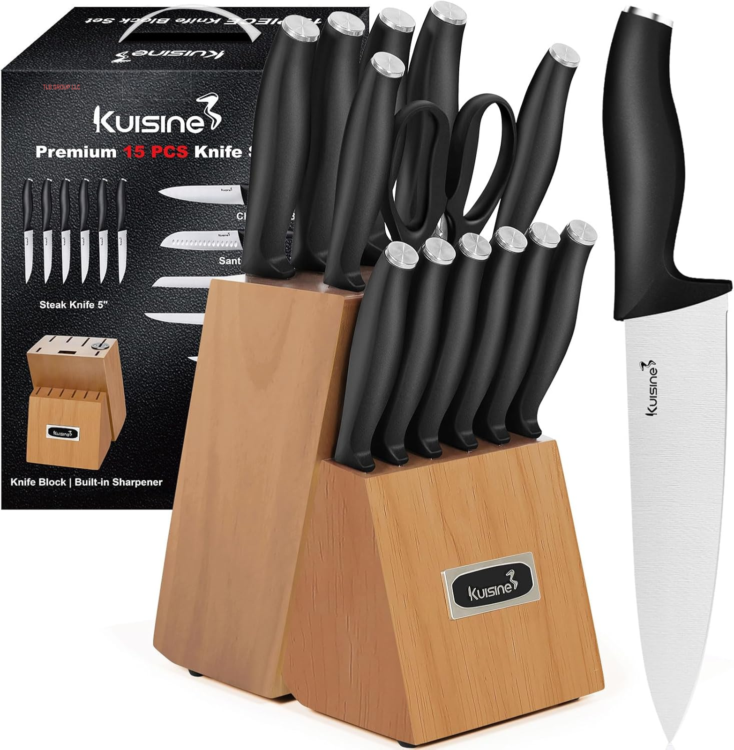 Chef Knife Set,High Carbon Stainless Steel Sharp Knife Set Ergonomic Handle,Kitchen Knife Block Set with Built-In Sharpener(Ivory Pro,15Pcs)