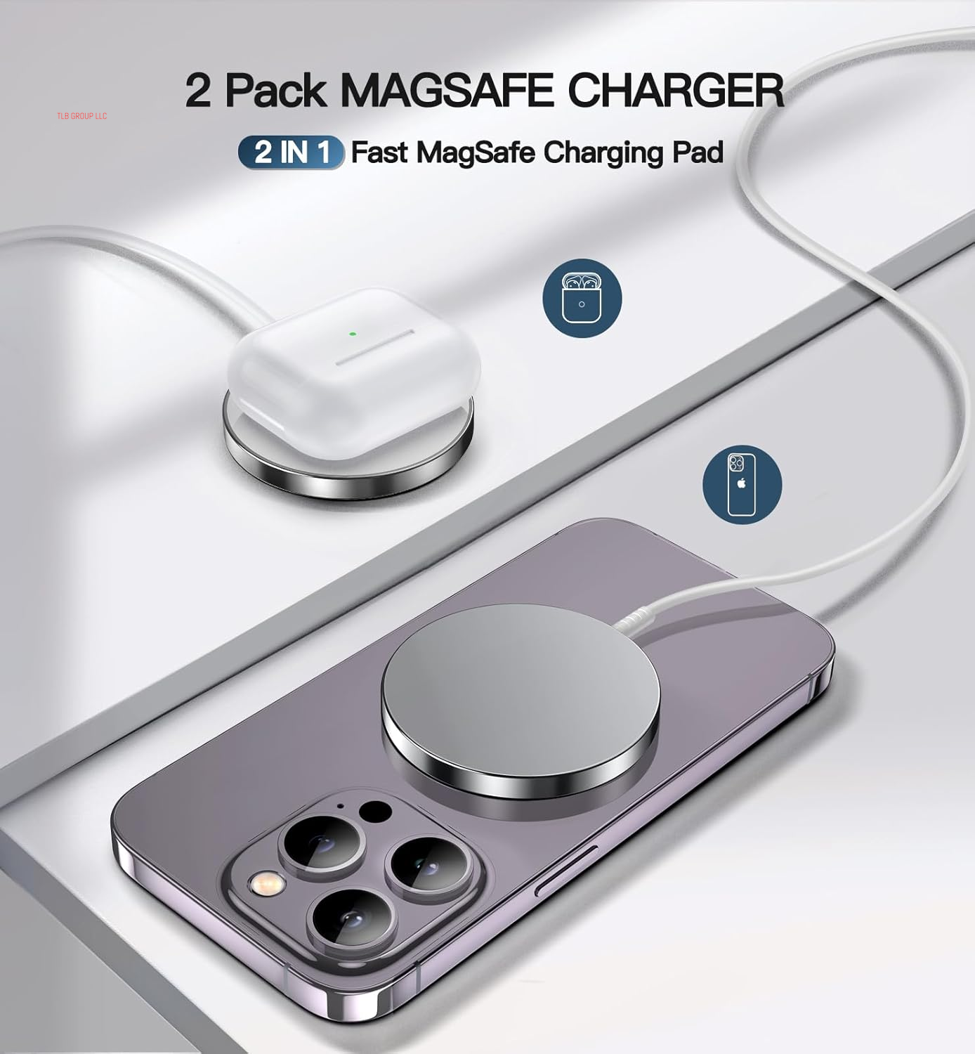 Magnetic Wireless Charger 15W Fast Mag Safe Charger for Cell Phone 16 Pro Max/16 Pro/16 Plus/16/15/14/13/12 Series 2 Pack Charging Pad for Airpods 3/2/Pro 2/Pro Mag-Safe Original Replacement