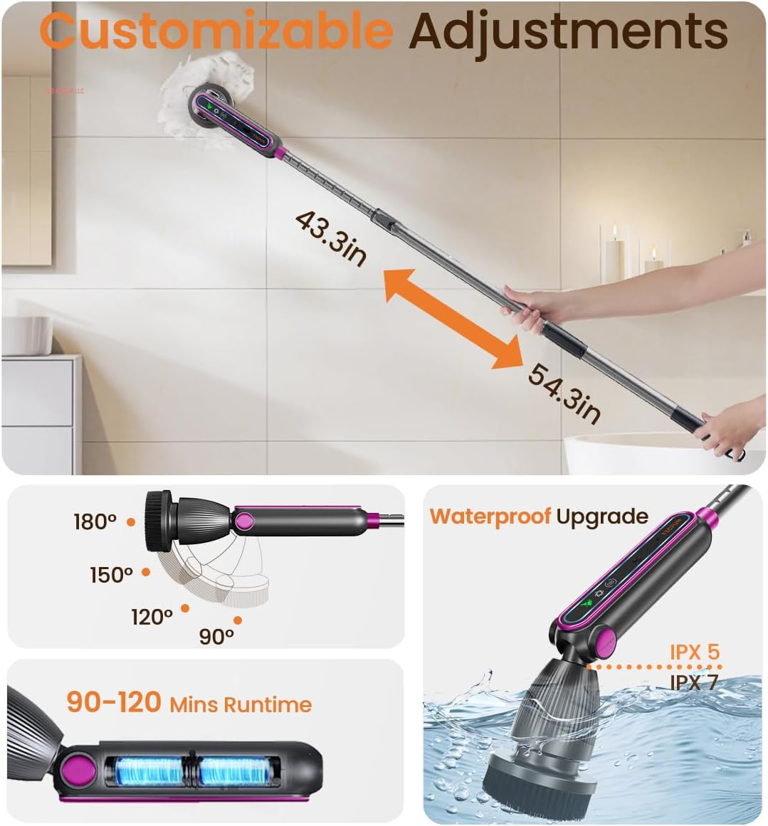 Electric Spin Scrubber 16 in 1 Cleaning Brush with Adjustable Angles & Heads, Bathroom Power Scrubber with Extendable Handle, Interactive LED, Cleaning Supplies for Toilet,Kitchen,Shower-Grey