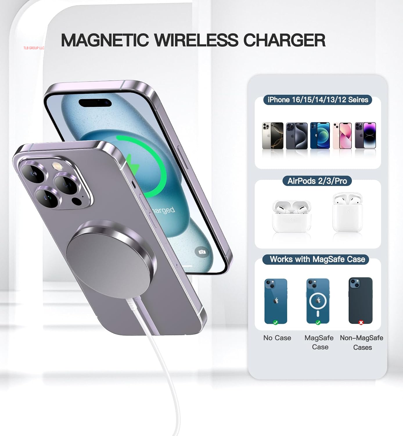 Magnetic Wireless Charger 15W Fast Mag Safe Charger for Cell Phone 16 Pro Max/16 Pro/16 Plus/16/15/14/13/12 Series 2 Pack Charging Pad for Airpods 3/2/Pro 2/Pro Mag-Safe Original Replacement