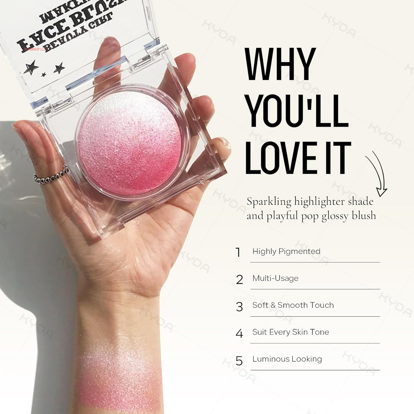 Pink Baked Blush, Pink Glow Powder for Blush and Highlighter, High Glossy Finish, Lightweight Blendable Shimmer Blusher, Multiuse Baked Powder, 0.53 Oz