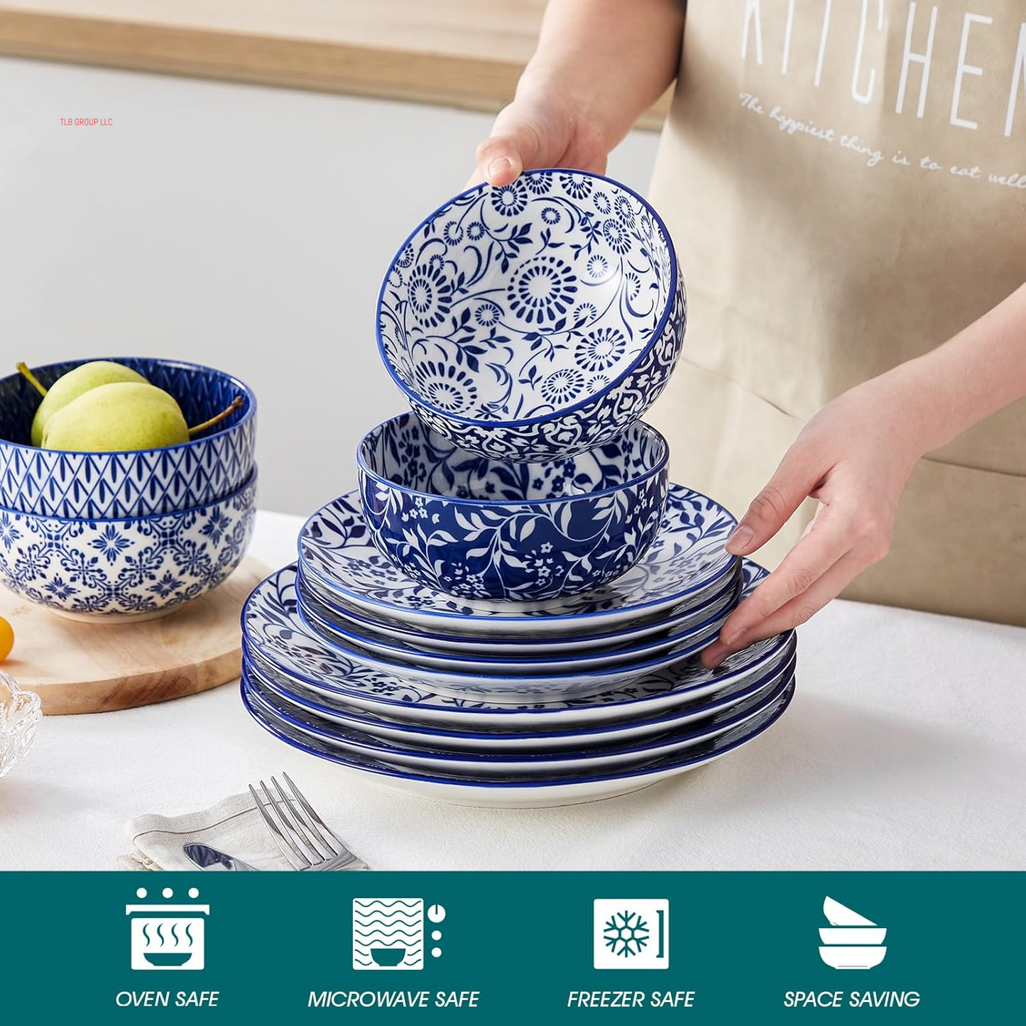 SELENE Plates and Bowls Set for 4, 12 Pieces Dinnerware Sets, Mircowave and Dishwasher Safe Dishes Set, Porcelain Blue Kitchen Set
