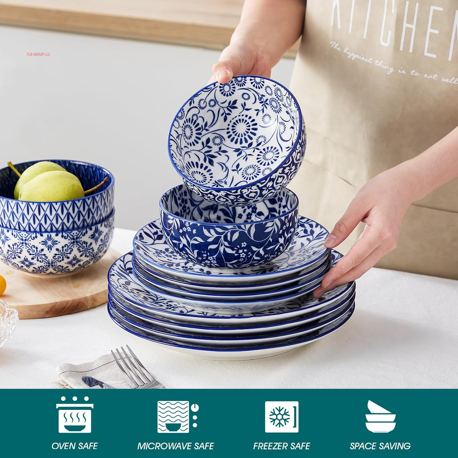 SELENE Plates and Bowls Set for 4, 12 Pieces Dinnerware Sets, Mircowave and Dishwasher Safe Dishes Set, Porcelain Blue Kitchen Set