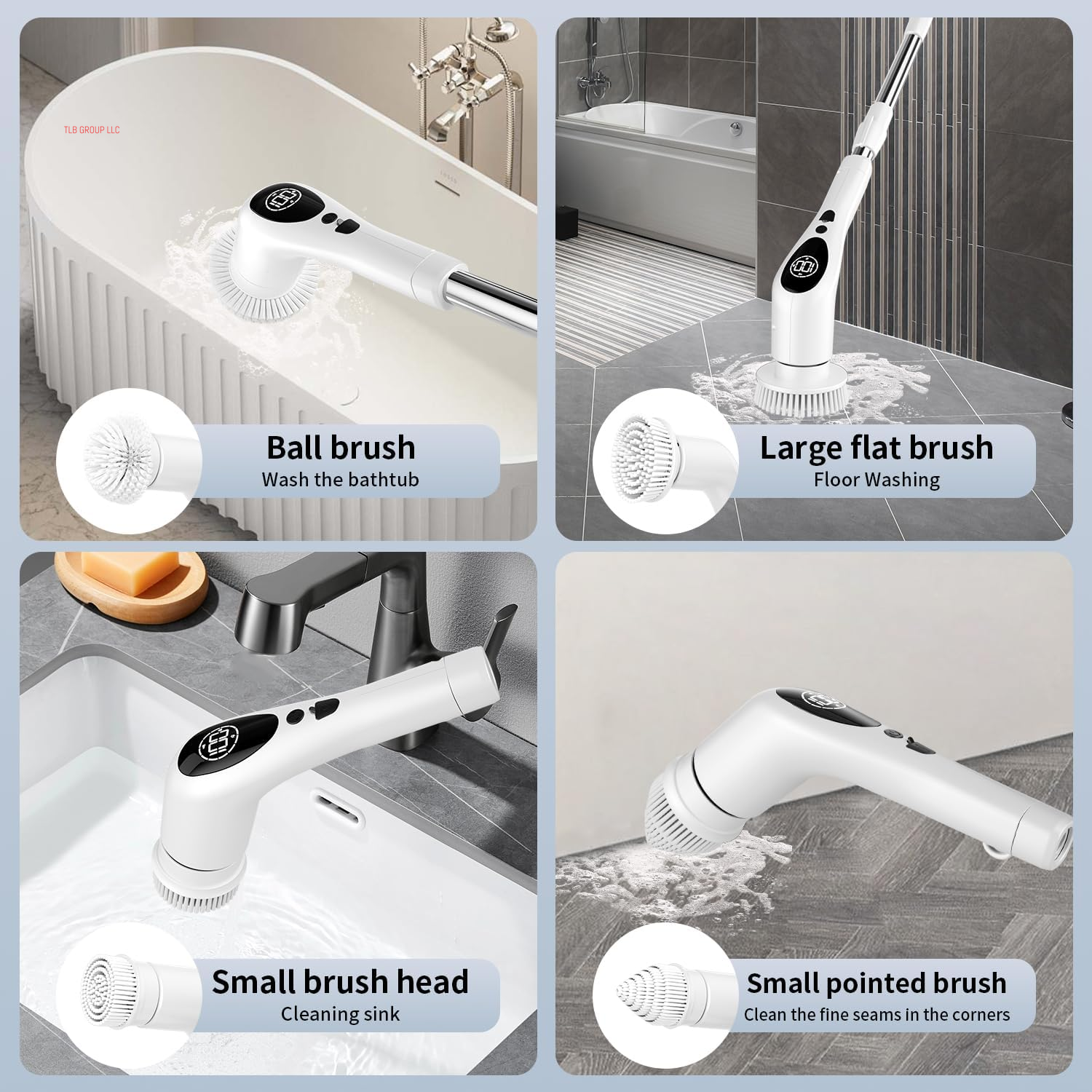 Electric Spin Scrubber Cordless Cleaning Brush Shower Cleaning Brush with 9 Replaceable Brush Heads Long Handle Shower Cleaner Brush for Bathroom, White, TD-8136