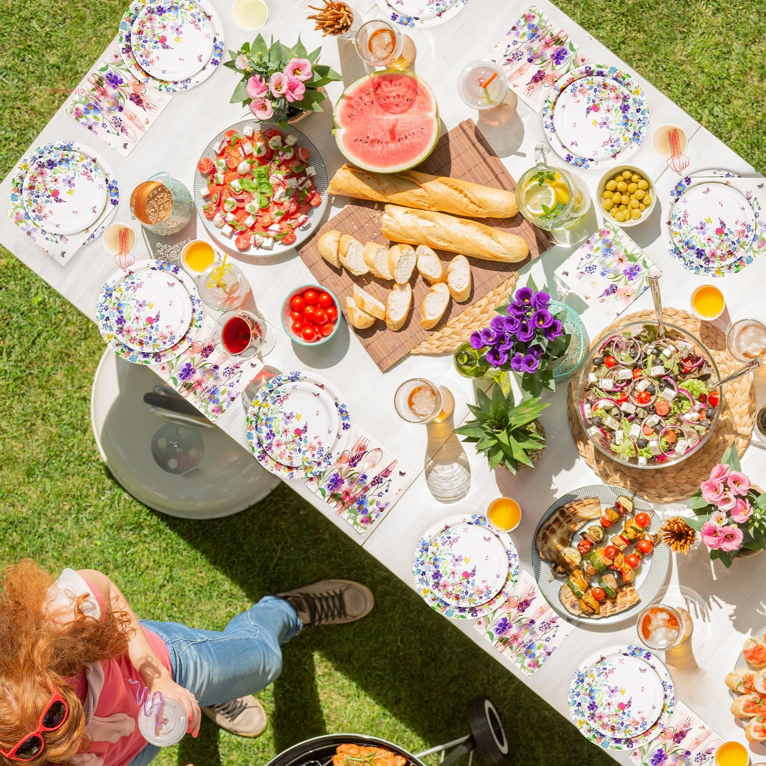 400 Pcs Spring Floral Party Decoration Baby Shower Disposable Tableware Sets Birthday Party Supplies Serves 50 Guests Disposable Plates Napkins and Cups for Baby Bridal Shower Birthday Party