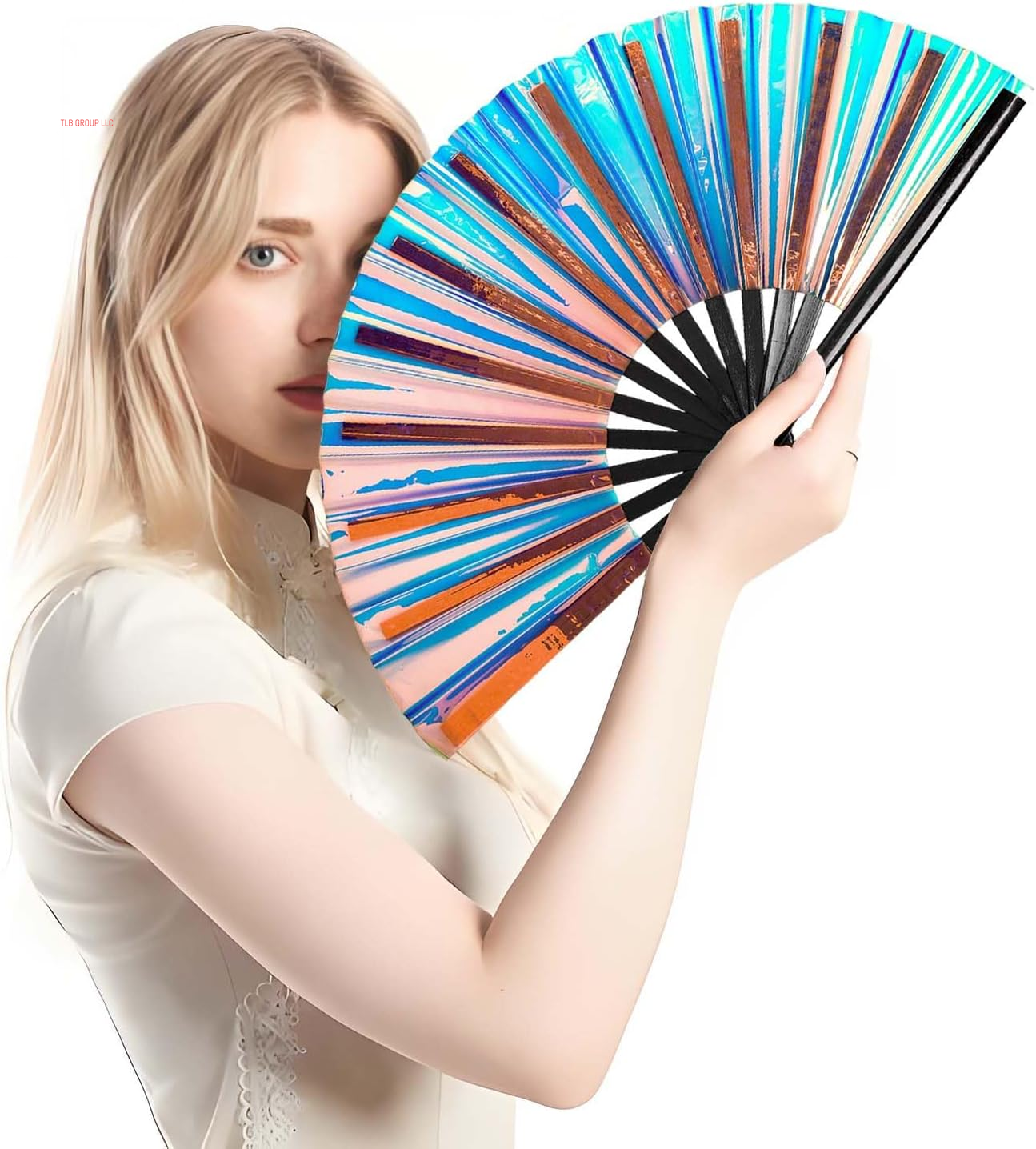 Large Clack Hand Rave Fan Holographic Folding Popping Line Dance Fan Foldable Handheld Clacking Fans for Line Dancing Craft Laser Rave Accessories for Festival Rainbow Outfits Party Club(Light Blue)