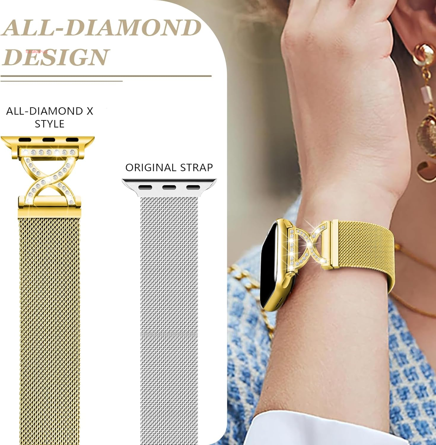 Metal Magnetic Band Compatible with Apple Watch 46Mm 42Mm 44Mm 45Mm 49Mm 38Mm 40Mm 41Mm, Stainless Steel Dressy Mesh Loop Strap with X-Shape Diamond Women