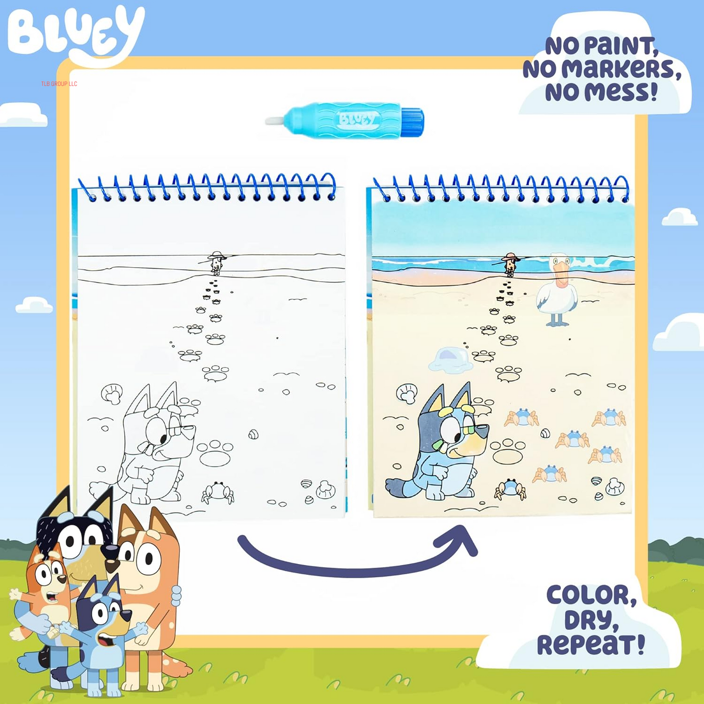 Bluey Aqua Art - Reusable Water Reveal Activity Pages with Water Pen for No-Mess Drawing and Coloring