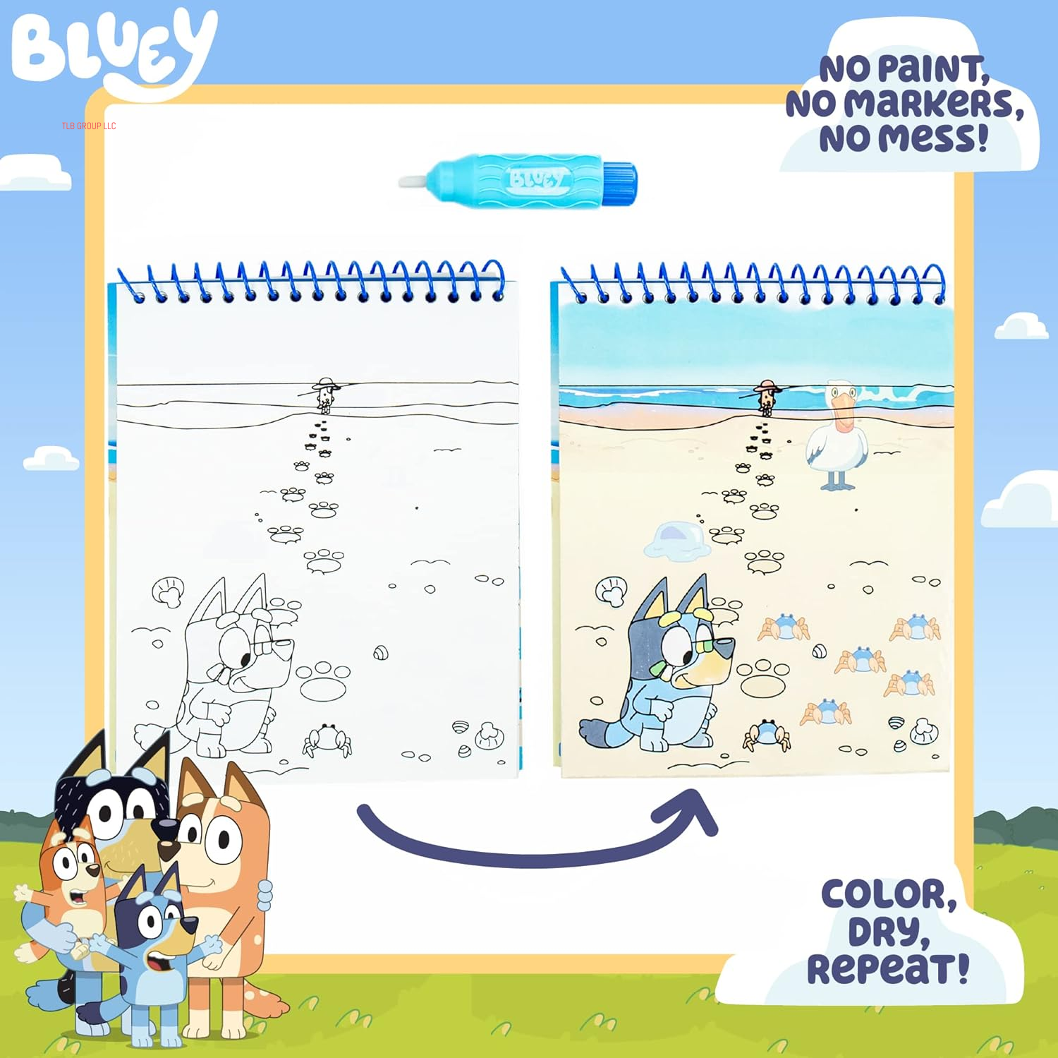 Bluey Aqua Art - Reusable Water Reveal Activity Pages with Water Pen for No-Mess Drawing and Coloring