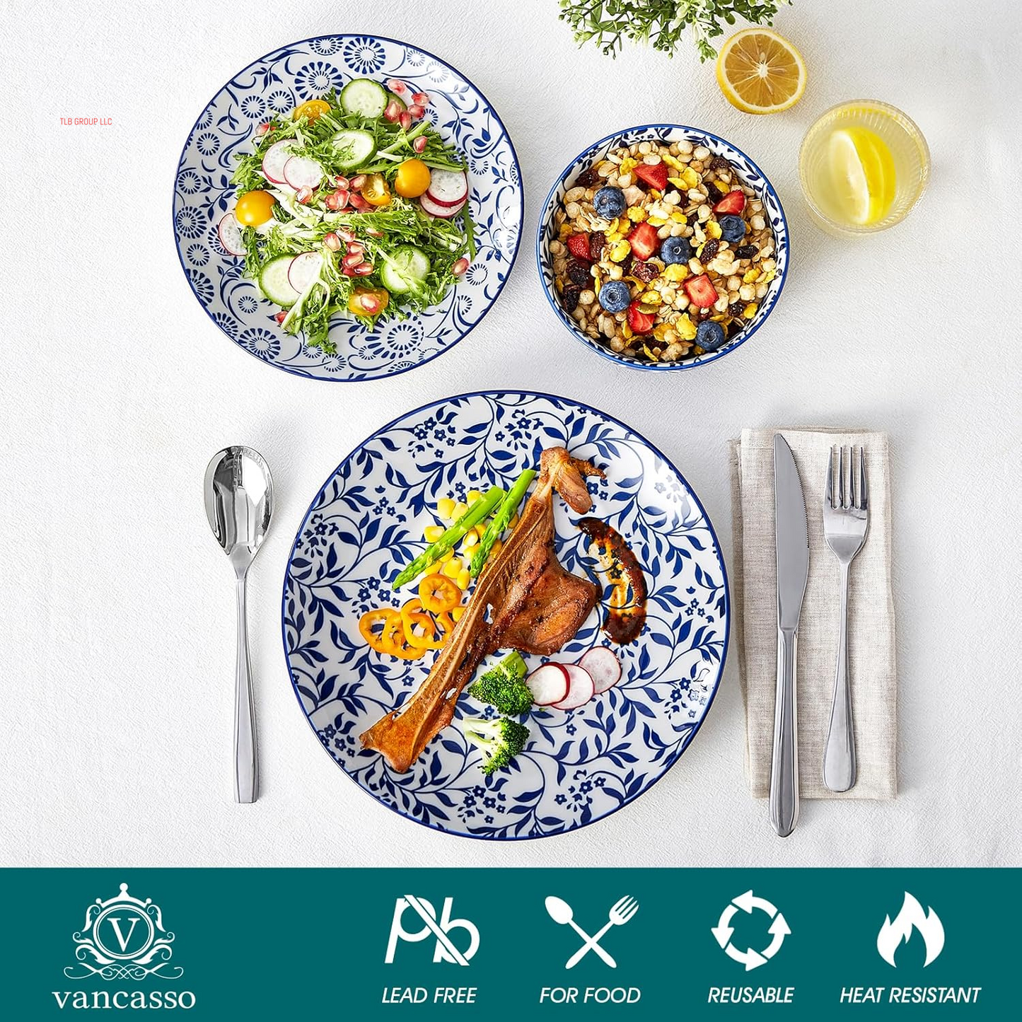 SELENE Plates and Bowls Set for 4, 12 Pieces Dinnerware Sets, Mircowave and Dishwasher Safe Dishes Set, Porcelain Blue Kitchen Set