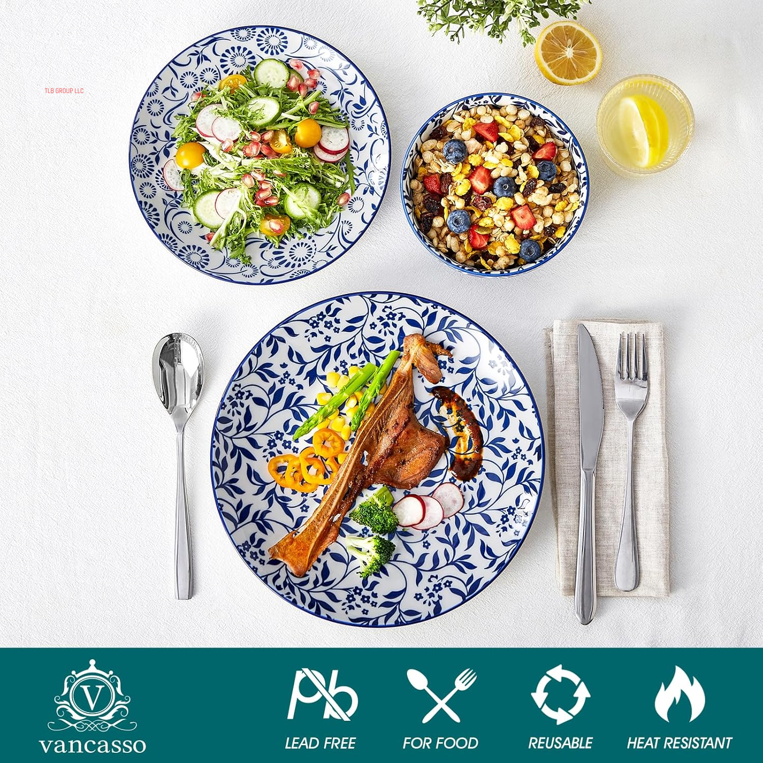 SELENE Plates and Bowls Set for 4, 12 Pieces Dinnerware Sets, Mircowave and Dishwasher Safe Dishes Set, Porcelain Blue Kitchen Set