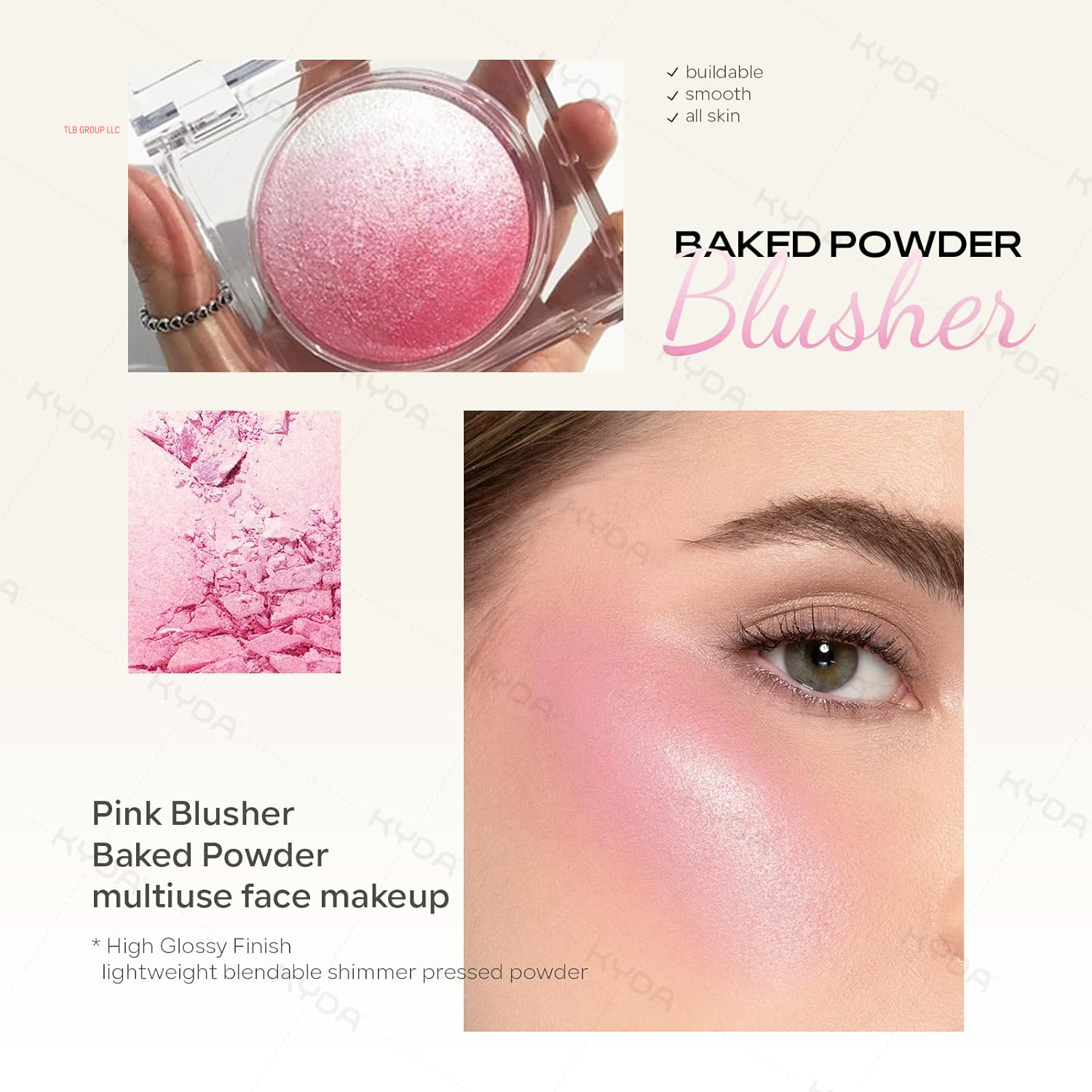 Pink Baked Blush, Pink Glow Powder for Blush and Highlighter, High Glossy Finish, Lightweight Blendable Shimmer Blusher, Multiuse Baked Powder, 0.53 Oz