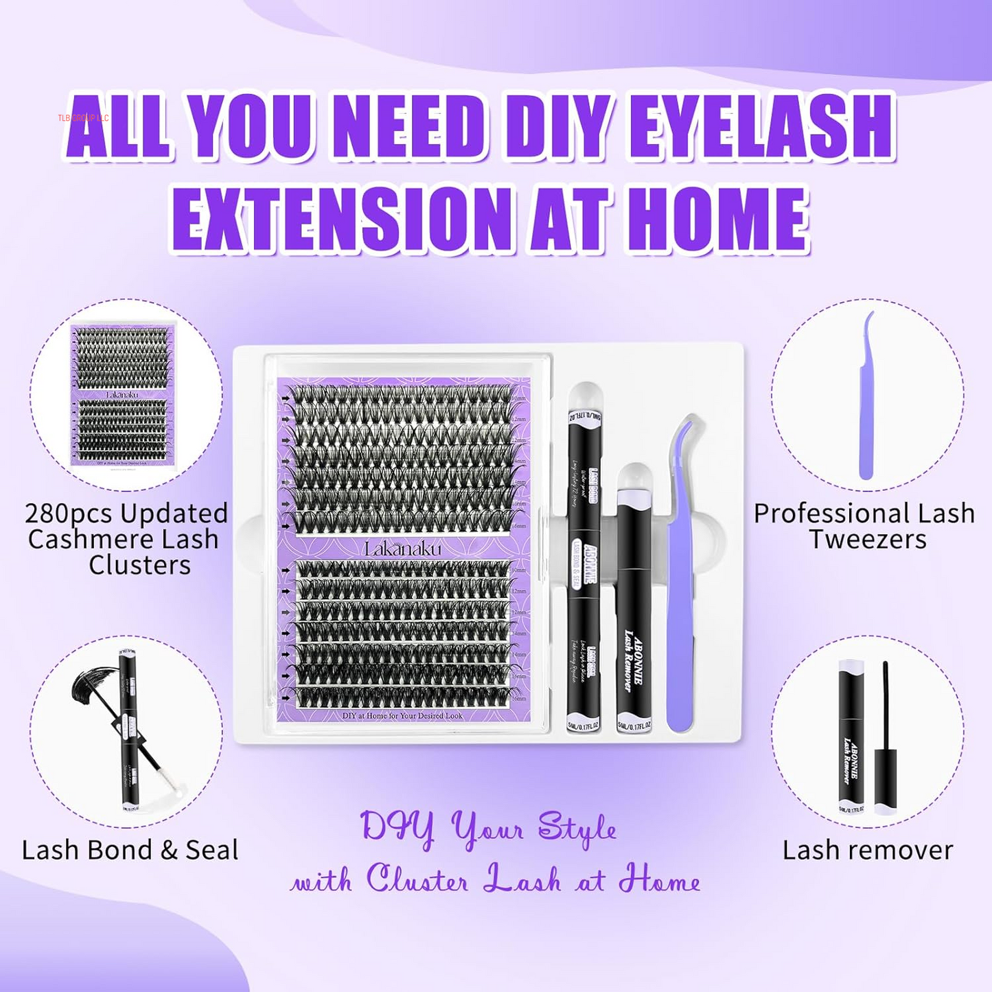 DIY Lash Extension Kit,280 Pcs Cluster Lash Extensions, 10-16Mm Mix Wispy Lash Clusters, 40D+50D D Curl Lash Clusters Kit with Bond and Seal and Tweezer and Remover,Fluffty Lash Extensions
