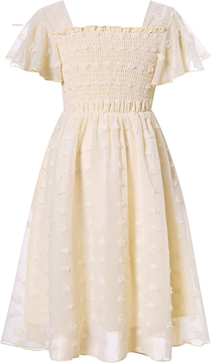 6-12T Girls Chiffon Dress with Solid Pom Poms & Flutter Ruffle Short Sleeve Kids Lace Square Neck Frocks
