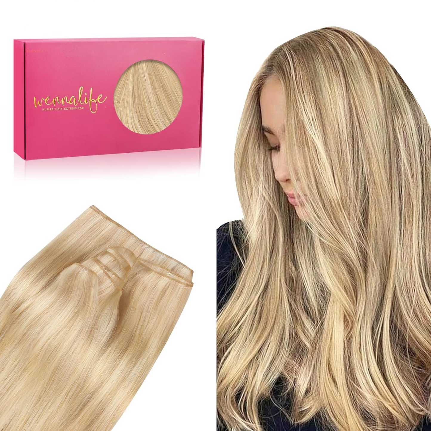Sew in Hair Extensions Real Human Hair, 14 Inch 80G Light Blonde Highlighted Golden Blonde Machine Weft Hair Extensions Human Hair Hand Tied Weft Hair Extensions Sew In