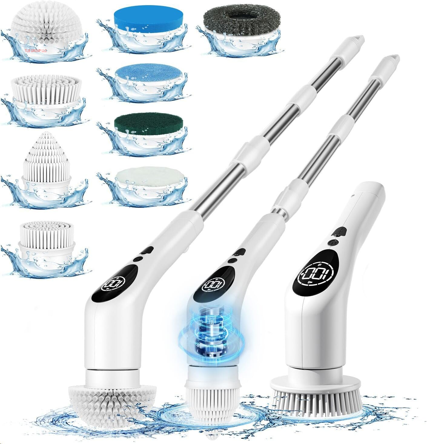 Electric Spin Scrubber Cordless Cleaning Brush Shower Cleaning Brush with 9 Replaceable Brush Heads Long Handle Shower Cleaner Brush for Bathroom, White, TD-8136