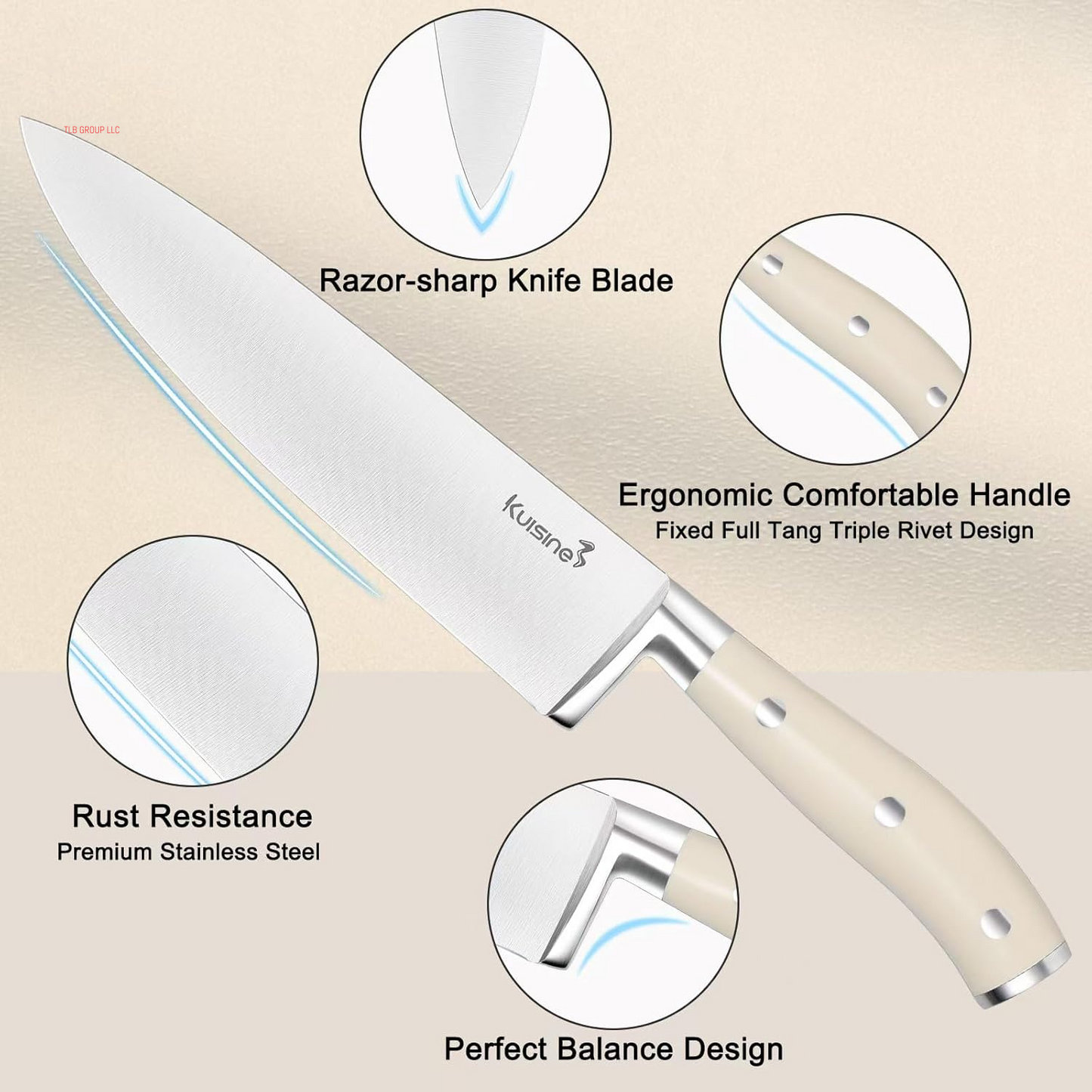 Chef Knife Set,High Carbon Stainless Steel Sharp Knife Set Ergonomic Handle,Kitchen Knife Block Set with Built-In Sharpener(Ivory Pro,15Pcs)