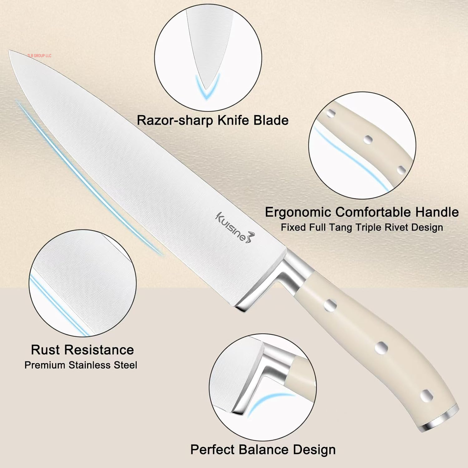 Chef Knife Set,High Carbon Stainless Steel Sharp Knife Set Ergonomic Handle,Kitchen Knife Block Set with Built-In Sharpener(Ivory Pro,15Pcs)