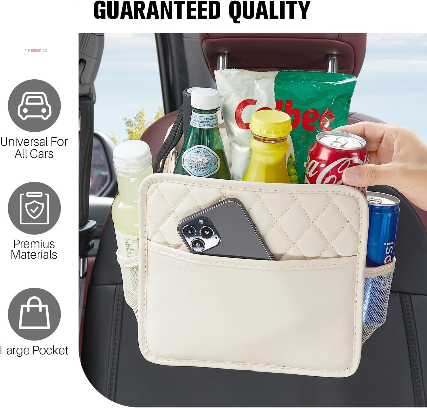 Back Seat Car Organizer, Large Car Seat Organizer with Cup Holders Multifunctional over the Car Seat Organizer Backseat Hanging Leather Car Seat Organizers and Storage Bags(Beige 1Pack)