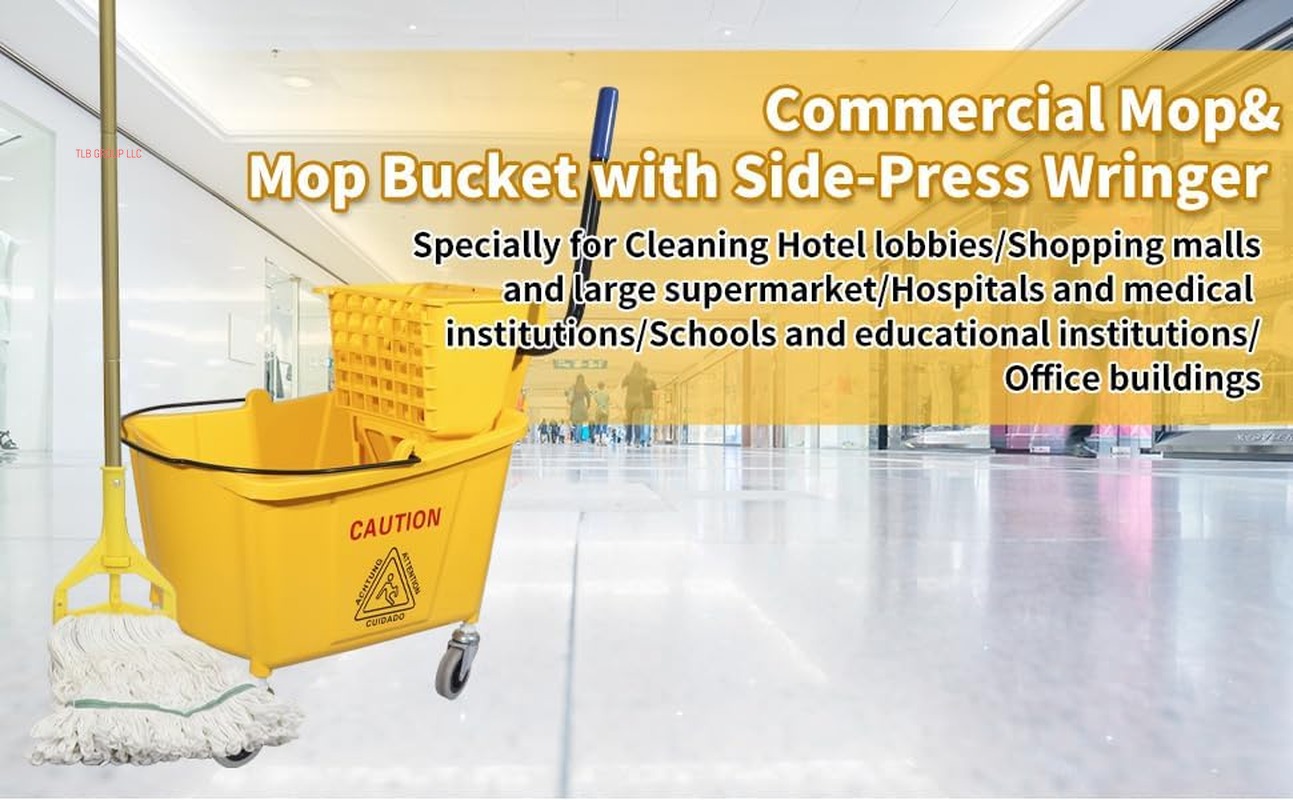 Commercial Mop Bucket with Side-Press Wringer for Floor Cleaning, 35 Quarts, Yellow, Including One Commercial Mop