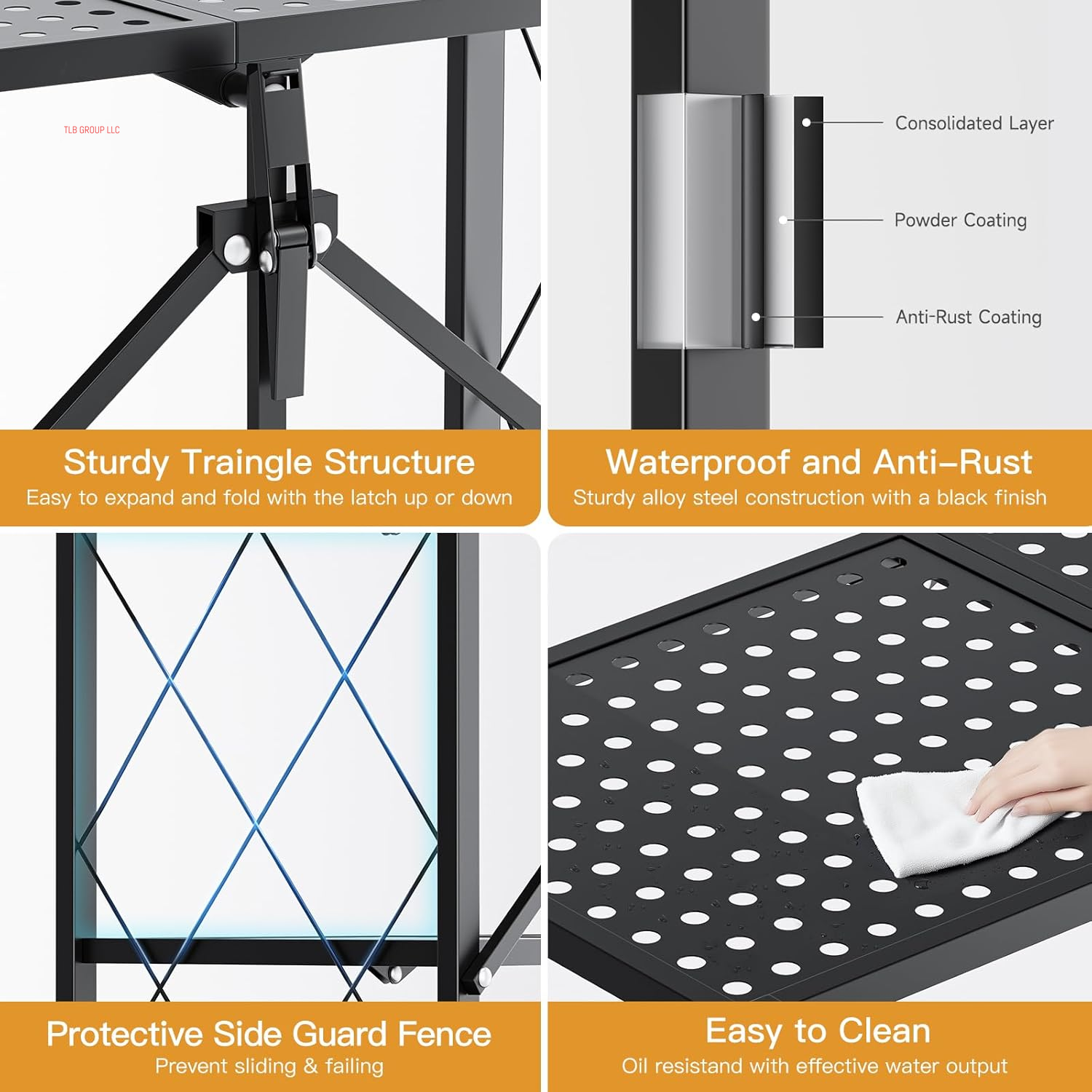 Heavy Duty 3-Tier Foldable Metal Rack, 14.96" D X 27.95" W X 34.25" H Storage Shelving Unit 750 Lbs with Wheels Moving Organizer Shelves for Garage Kitchen, Black